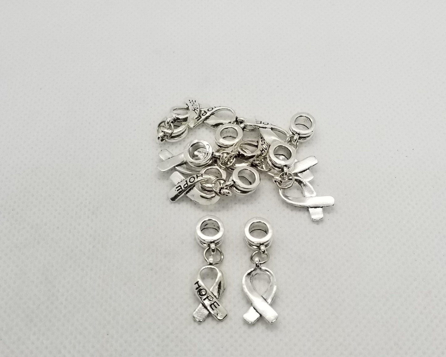 5 pieces Hope Ribbon, Awareness Ribbon, Large Hole, Tibetan style Dangle Charm, Antique Silver, 30mm, Hole 5mm, Breast Cancer