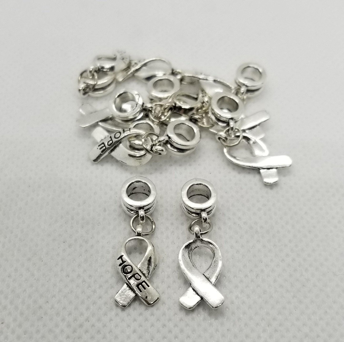 5 pieces Hope Ribbon, Awareness Ribbon, Large Hole, Tibetan style Dangle Charm, Antique Silver, 30mm, Hole 5mm, Breast Cancer