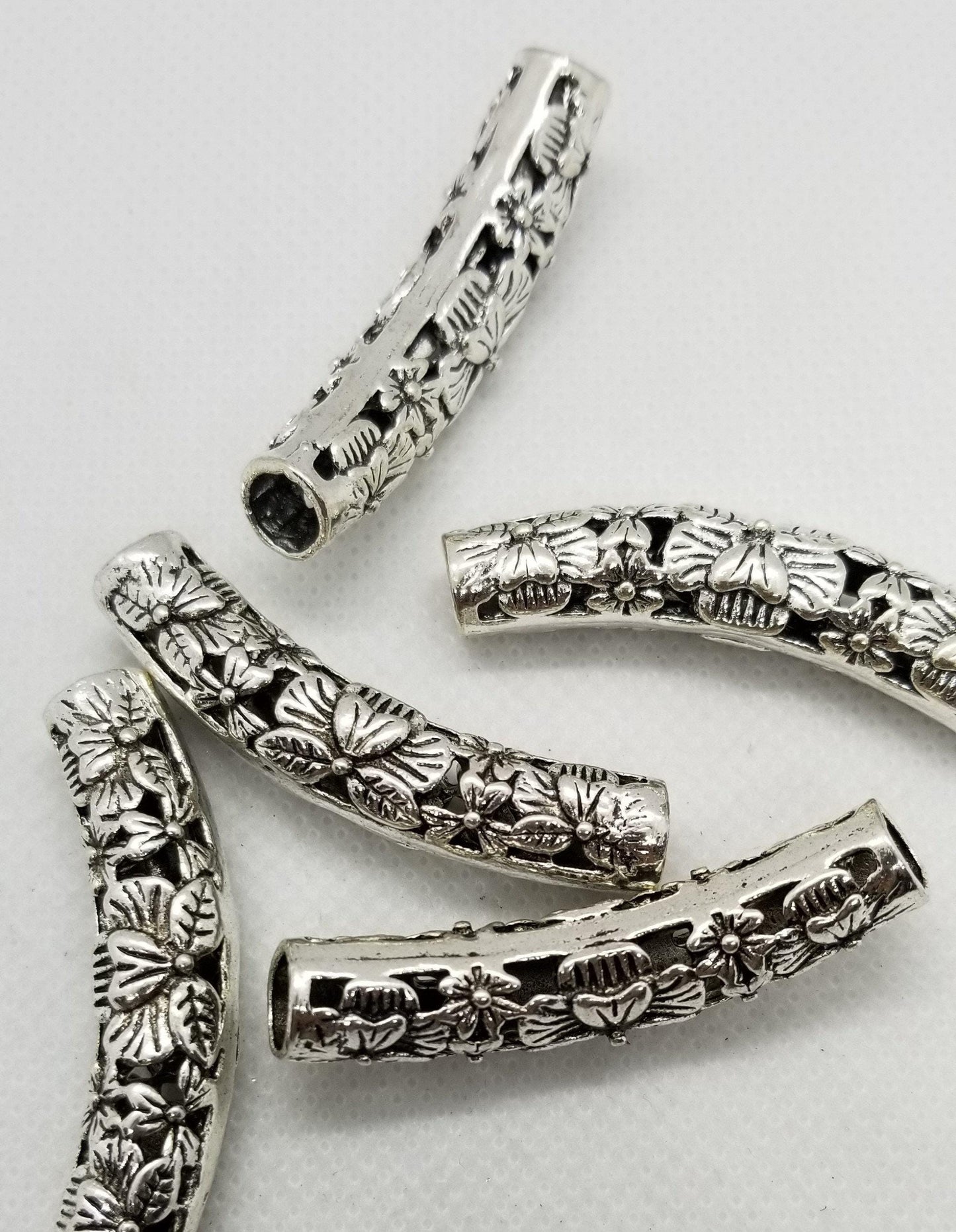 2 pieces Silver Curved Tube Beads, Open Metalwork, Curved Column with Flowers, Cadmium & Lead Free, 48x9x10mm, Large Hole 6.5mm