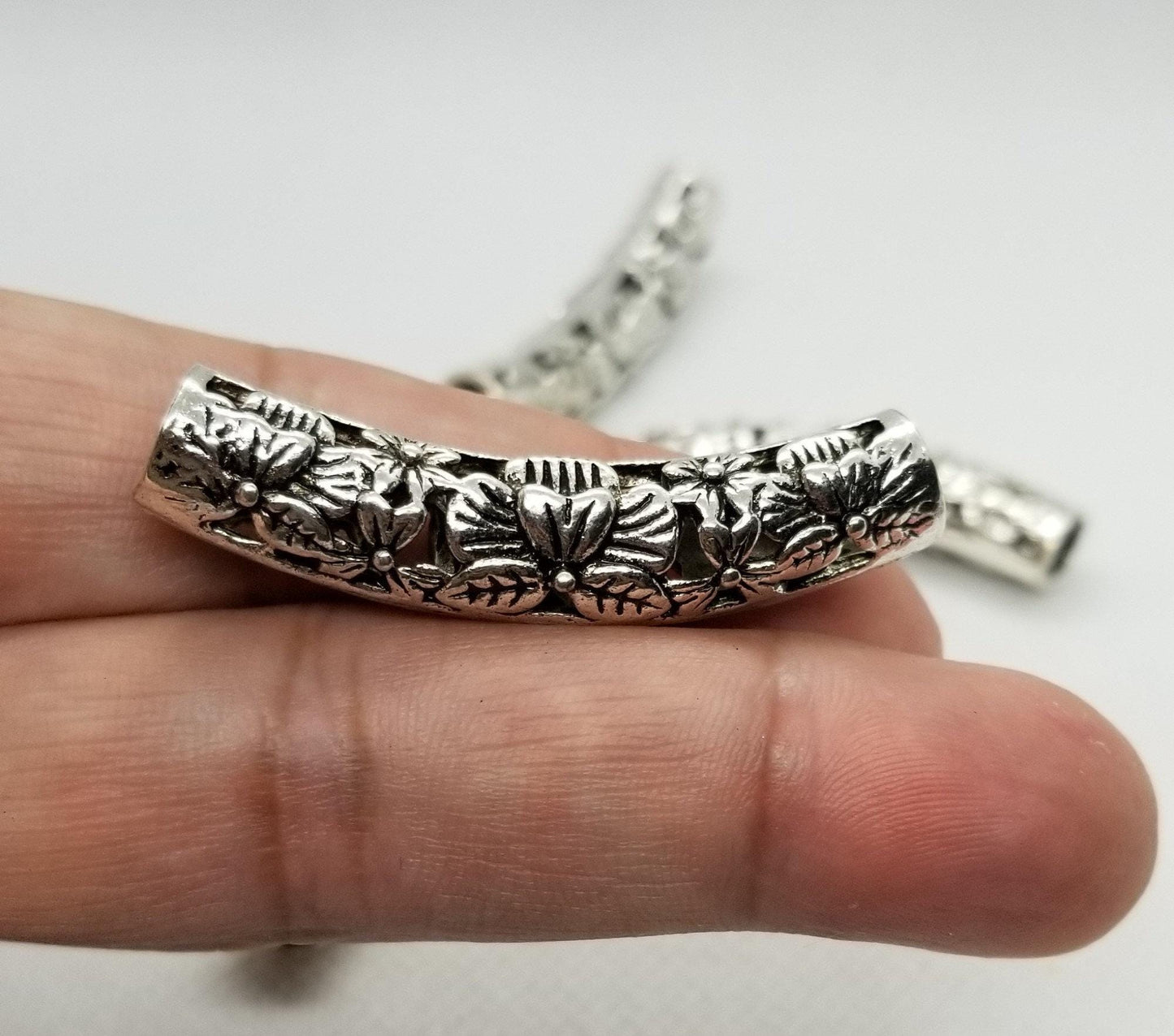 2 pieces Silver Curved Tube Beads, Open Metalwork, Curved Column with Flowers, Cadmium & Lead Free, 48x9x10mm, Large Hole 6.5mm