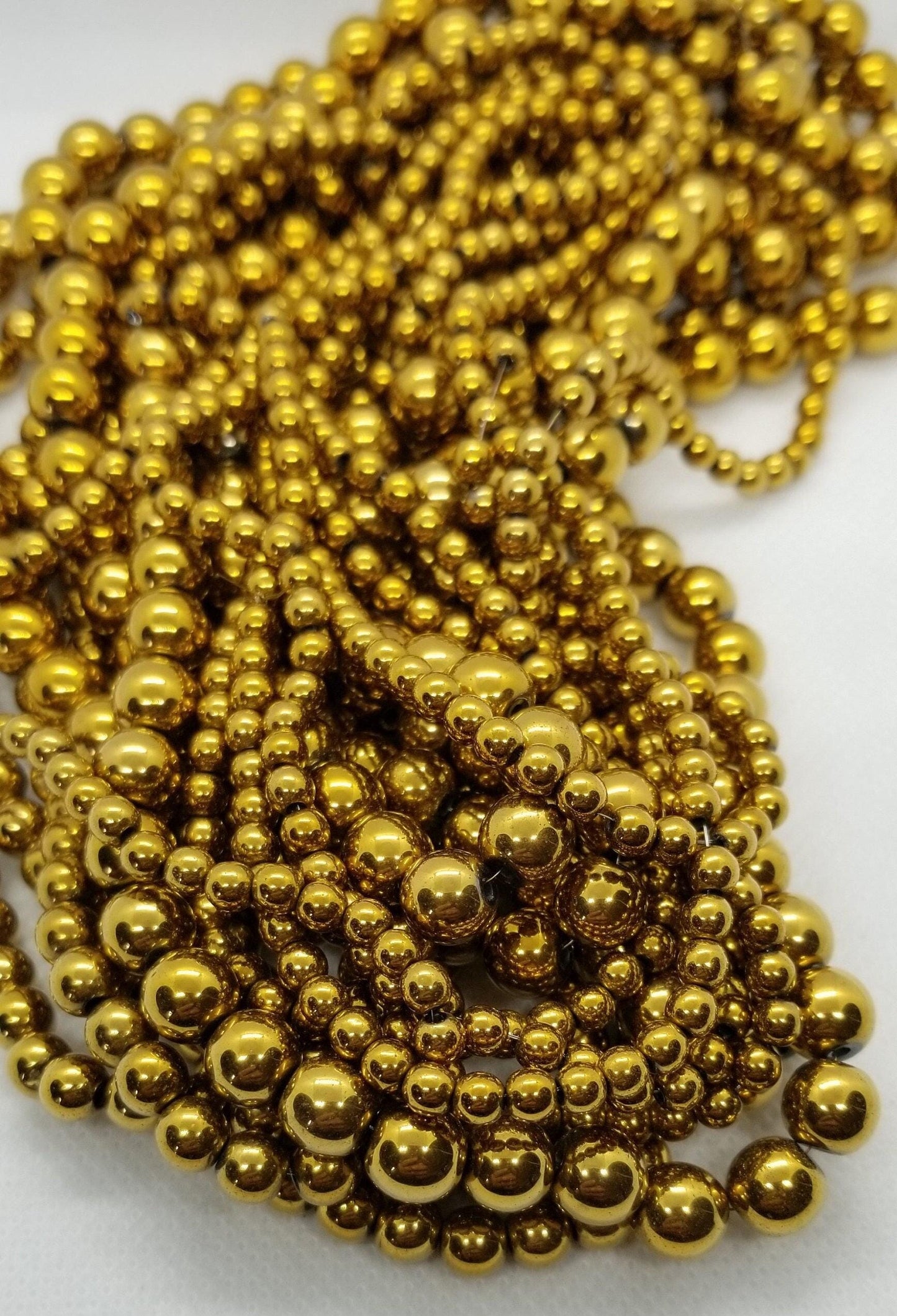 1 strand Round Gold Hematite Beads, Grade A, Non-magnetic Synthetic Round, Golden Plated, 4-6-8mm, Hole 1mm, Full Strand, bead count in desc