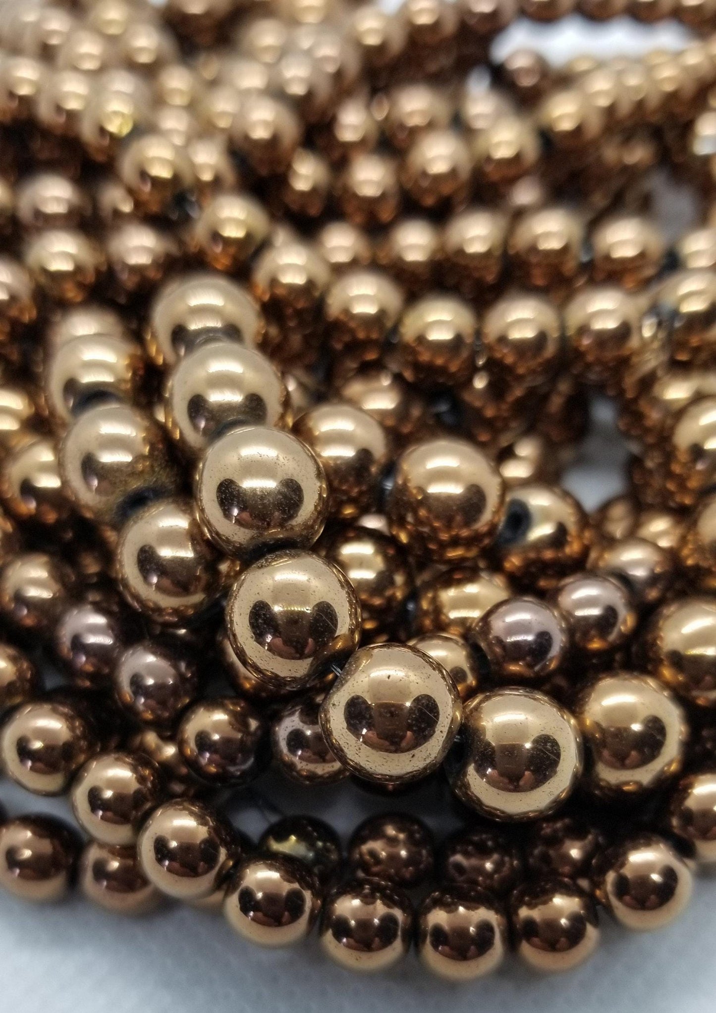 1 strand Round Copper Hematite Beads, Grade A, Non-magnetic Synthetic, Copper colour Plated, 6-8mm Hole 1mm, Full Strand, bead count in desc