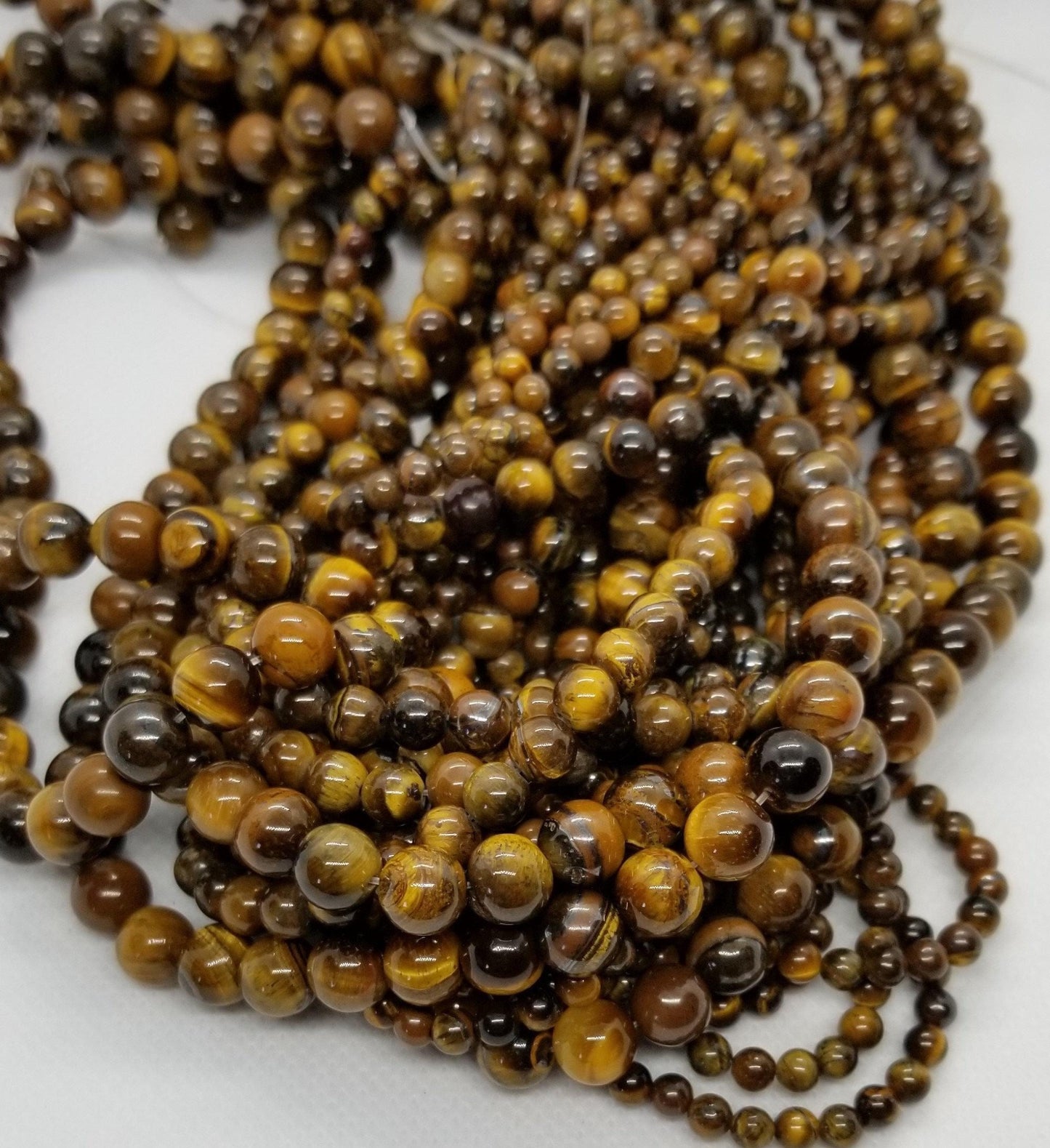 1 Strand Natural Polished Tiger Eye, Round, 4mm, 6mm, 8mm, Hole 1mm, Full 15'" Strand, Bead Count in description