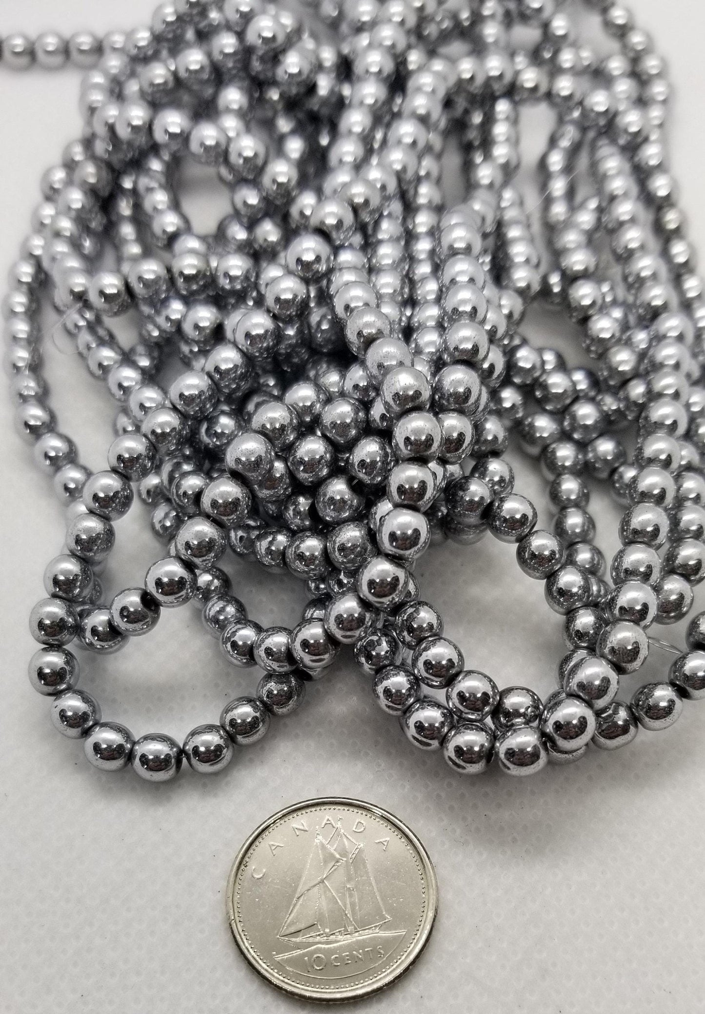 1 strand Round Platinum Hematite Spacer Beads, Grade A Non-magnetic Synthetic Plated, 4-6-8mm Hole 1mm, Full Strand bead count in desc