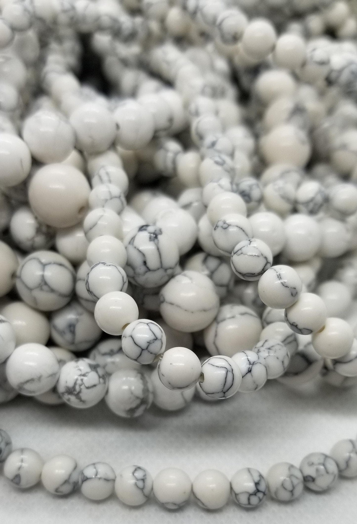 Beautiful White Howlite Beads, 1 strand, Synthetic, Round, 6-8-10mm, Full 14.5 inch strand, Bead count in description