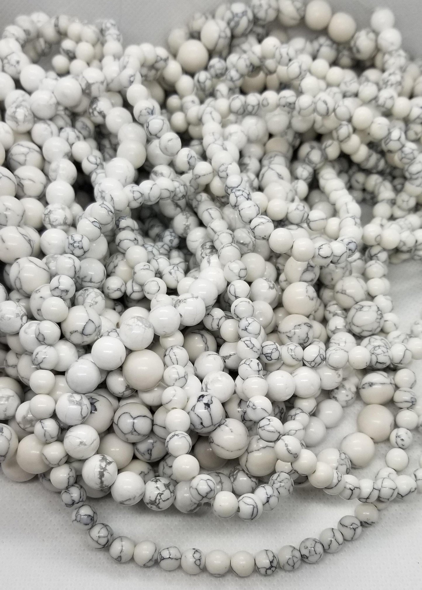 Beautiful White Howlite Beads, 1 strand, Synthetic, Round, 6-8-10mm, Full 14.5 inch strand, Bead count in description
