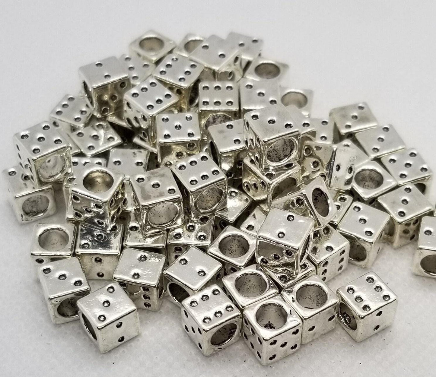 10 pieces Large Hole Silver Dice, Tibetan Style Alloy Beads, Lucky Dice, Cadmium, Lead Free, Antique Silver, 7.5x7x7mm, Hole 5mm