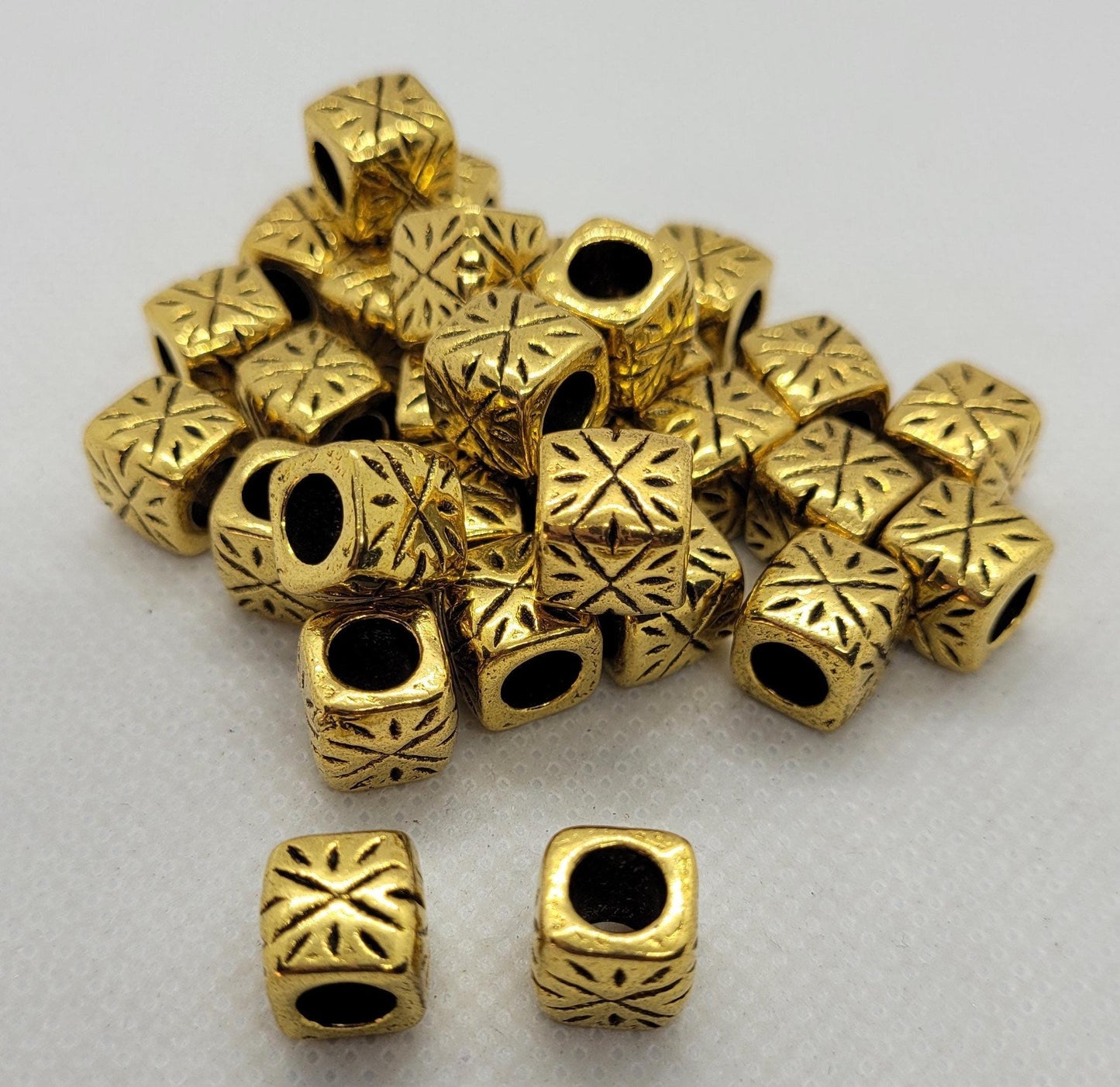 10 pieces Etched Cube Spacer Bead, Tibetan Style Ally, Lead, Nickel, Cadmium Free, Antique Silver or Antique Gold, 9x9x9mm, Large Hole 5.5mm