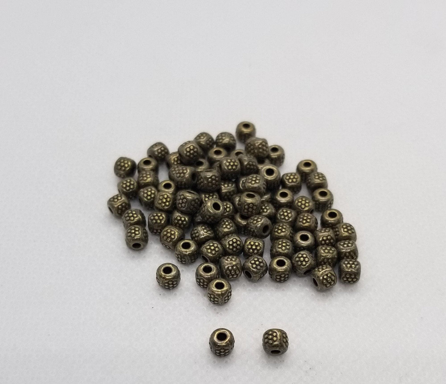 20 pieces Bronze Barrel Spacer Beads, Stamped Flower, Tibetan Style, Column, Cadmium, Nickel, Lead Free, Antique Bronze, 4x4x4mm, Hole 1.5mm