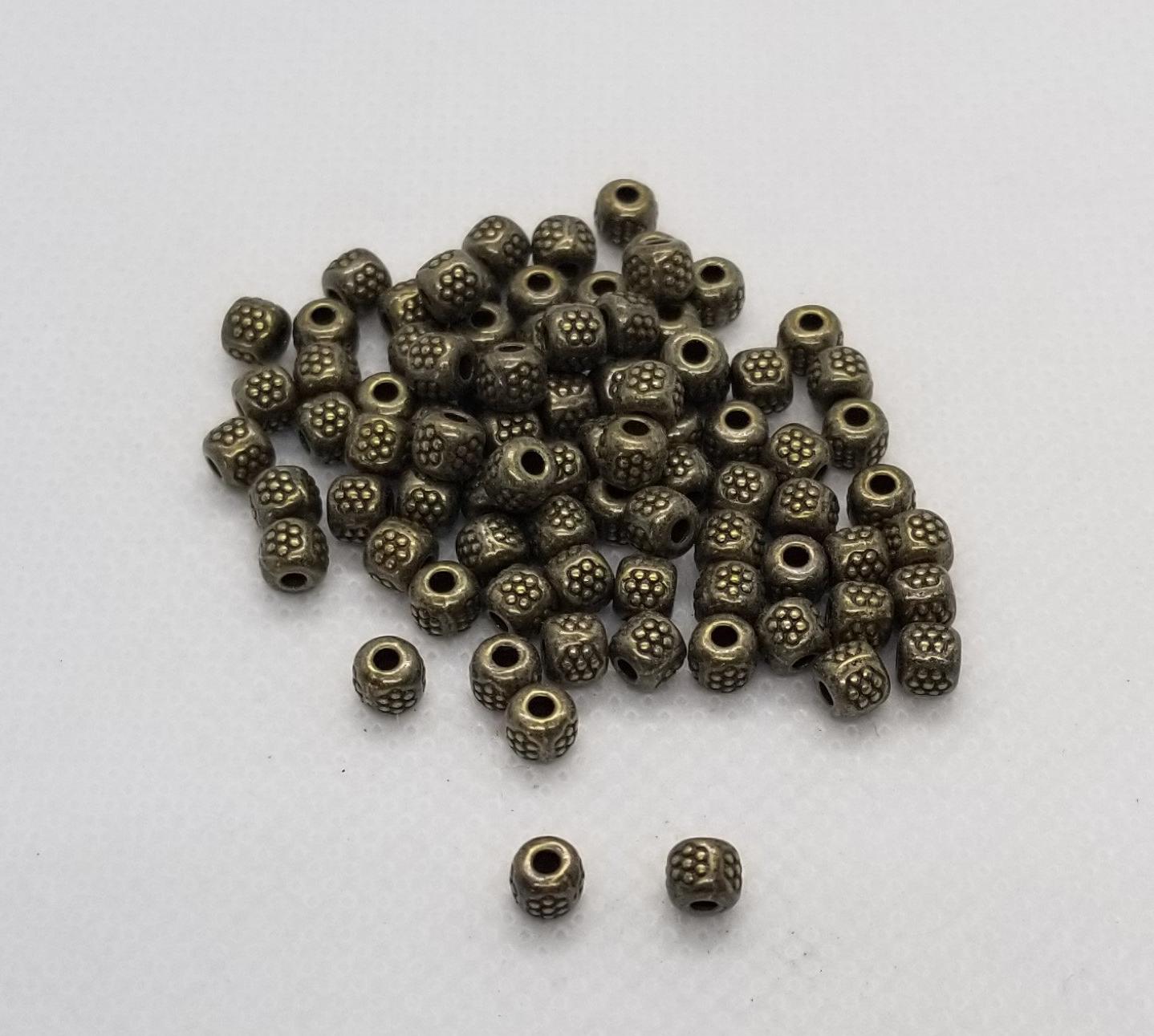 20 pieces Bronze Barrel Spacer Beads, Stamped Flower, Tibetan Style, Column, Cadmium, Nickel, Lead Free, Antique Bronze, 4x4x4mm, Hole 1.5mm