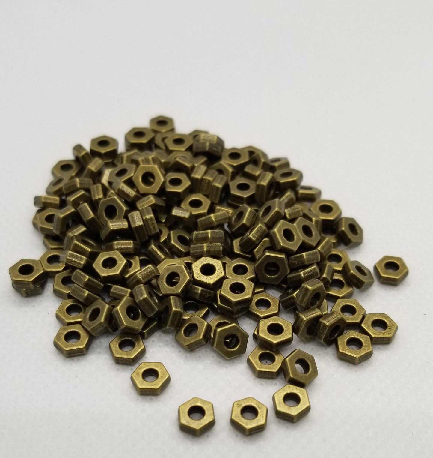 20 pcs Bronze Hexagon Spacer Beads, Tibetan Style Alloy, Lead, Nickel Free, Hexagon shape, Antique Bronze, 6x5x3mm, Hole 3mm, Steampunk Nut