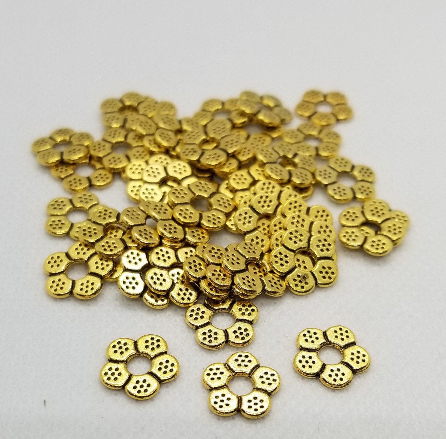 20 pieces Flower Spacer Beads, Tibetan Style Alloy, Lead, Nickel Free, Flower Shape, Antique Silver or Gold, 12x13x1mm, Hole 3.5mm