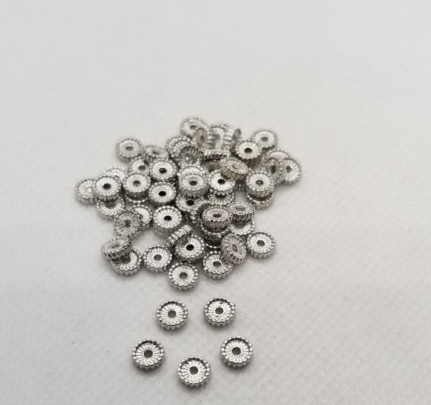 10 pieces Gold or Silver Gear Wheel Spacer Beads, Ridged Edges, Flat Round Spacer Discs, Unique, Small Coin, 5x1.5mm, Hole 1mm