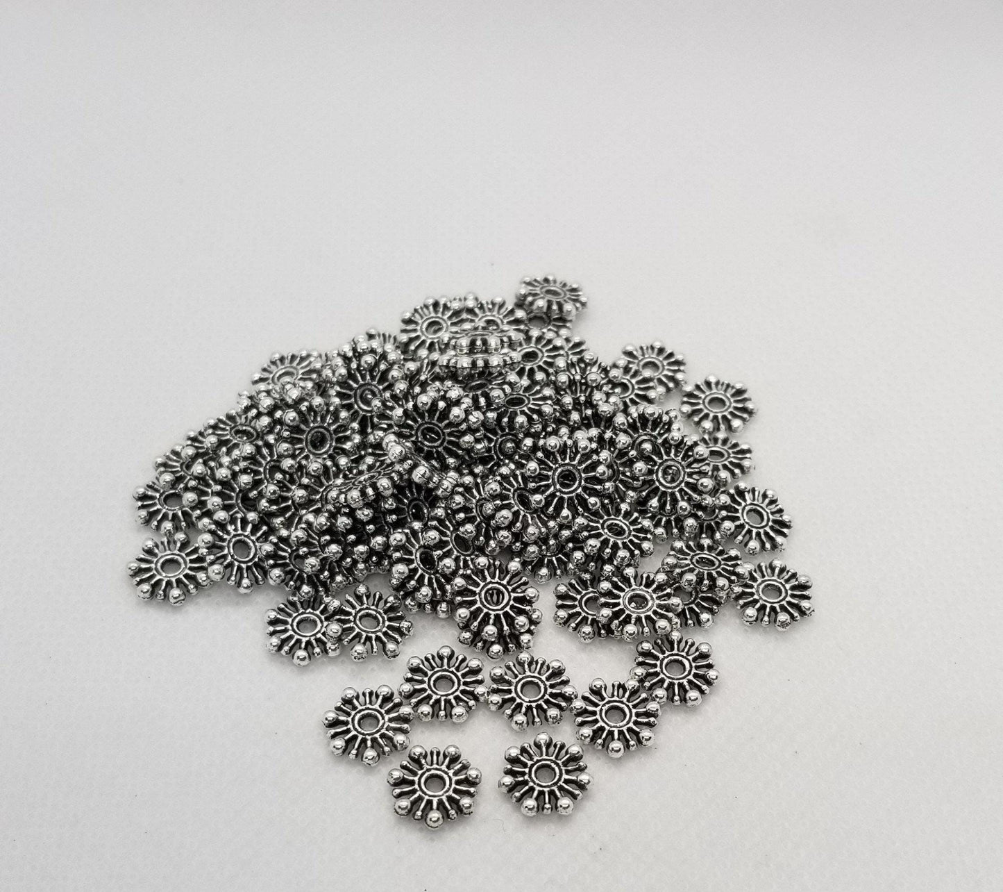 10 pieces Silver Flower Spacer Beads, Tibetan Style Alloy, Snowflake Spacer Beads, Cadmium, Lead Free, Antique Silver, 9.5x2mm, Hole 2mm