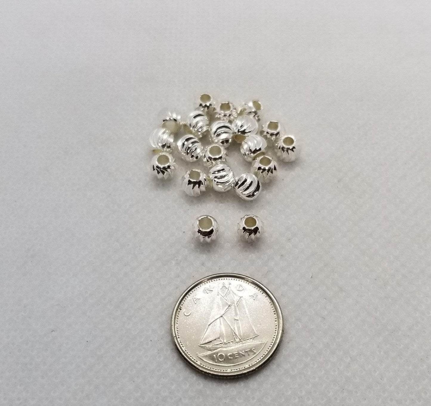 10 pieces Spiral Ridged Round Spacer Beads, Bright Silver, Cadmium Free, Lead Free, Brass, 5mm or 6mm, Hole 2mm