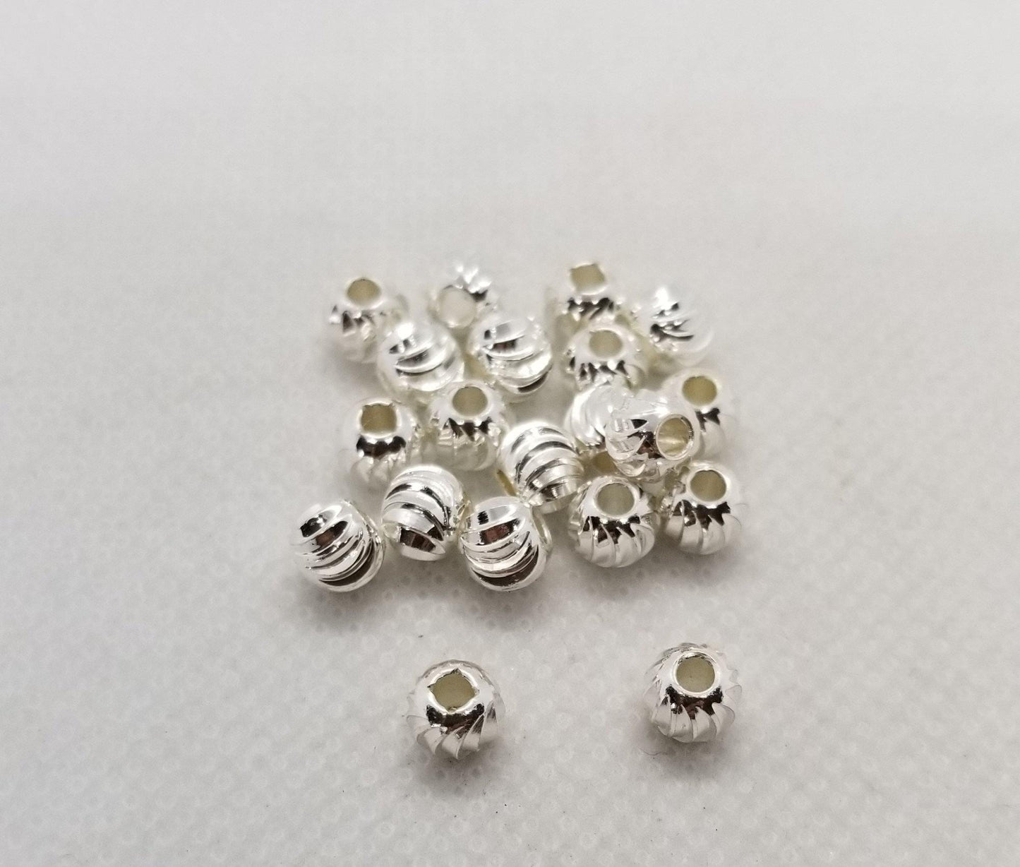 10 pieces Spiral Ridged Round Spacer Beads, Bright Silver, Cadmium Free, Lead Free, Brass, 5mm or 6mm, Hole 2mm