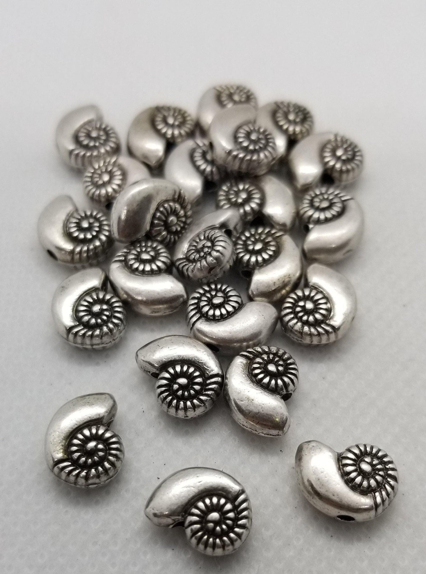 2 pieces Nautilus Shell, Thai Sterling Silver Plated, Ocean Theme, Lead, Nickel, Cadmium Free, 8x11x4.5mm, Hole 1.5mm