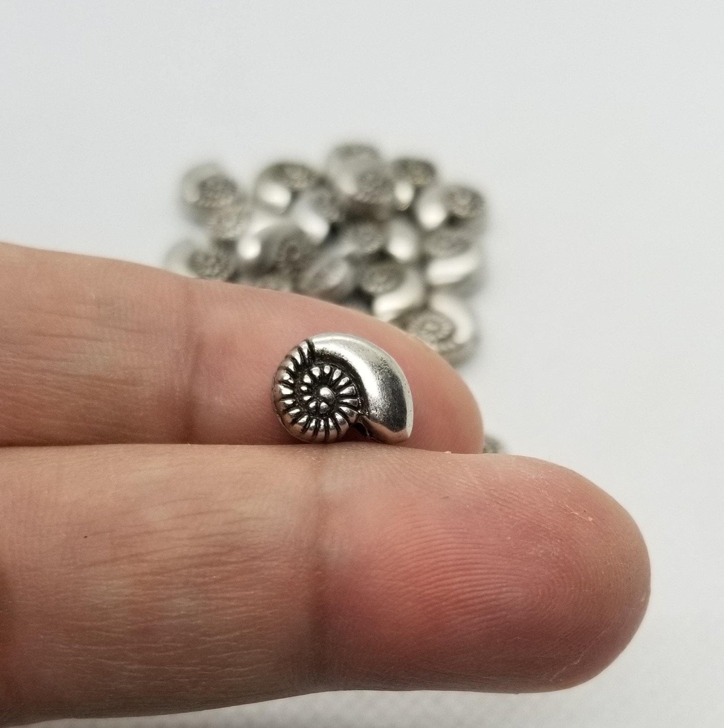 2 pieces Nautilus Shell, Thai Sterling Silver Plated, Ocean Theme, Lead, Nickel, Cadmium Free, 8x11x4.5mm, Hole 1.5mm