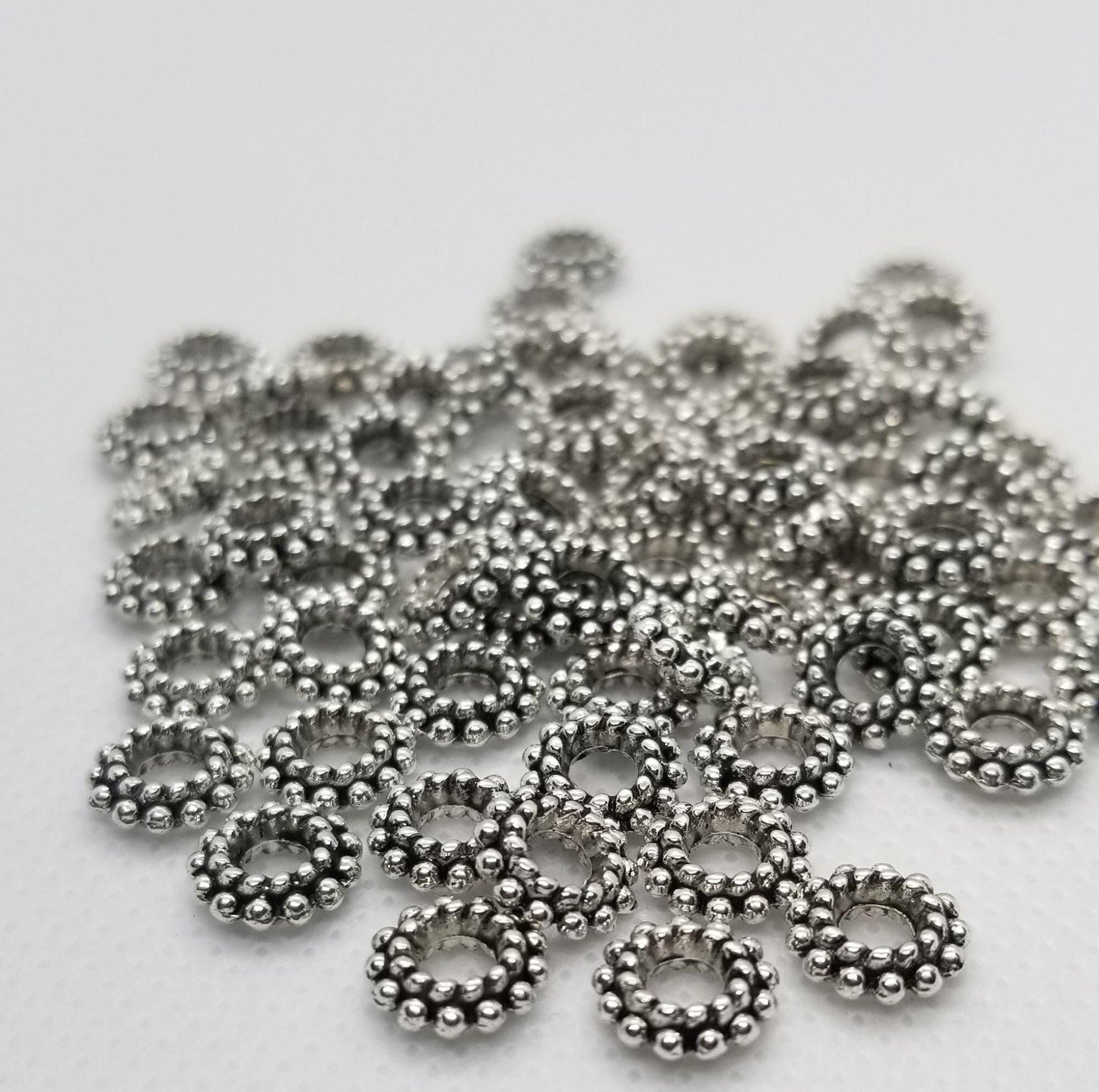 10 pieces Silver Donut Ribbed Spacer Bead, Star, Flower, Tibetan Style Alloy, Lead Free, Cadmium Free, Antique Silver, 8x3mm, Hole 3mm
