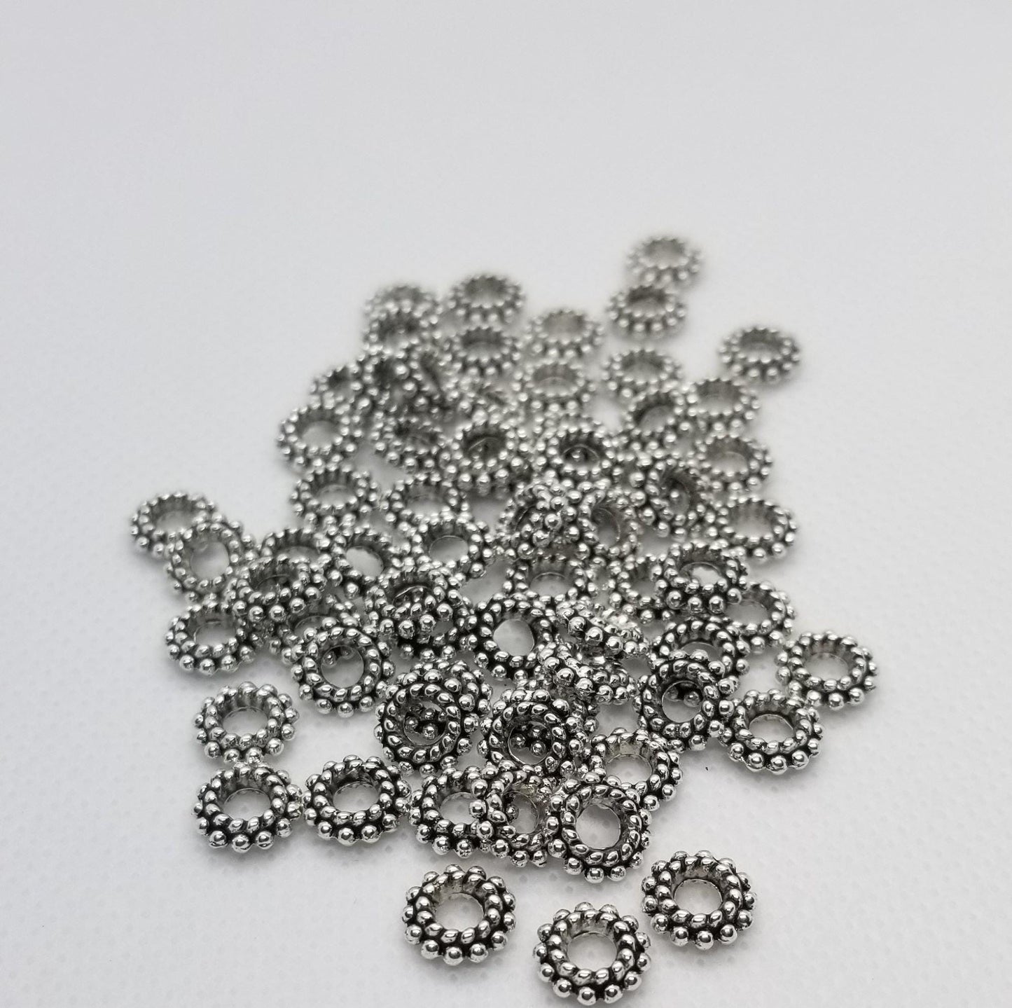 10 pieces Silver Donut Ribbed Spacer Bead, Star, Flower, Tibetan Style Alloy, Lead Free, Cadmium Free, Antique Silver, 8x3mm, Hole 3mm