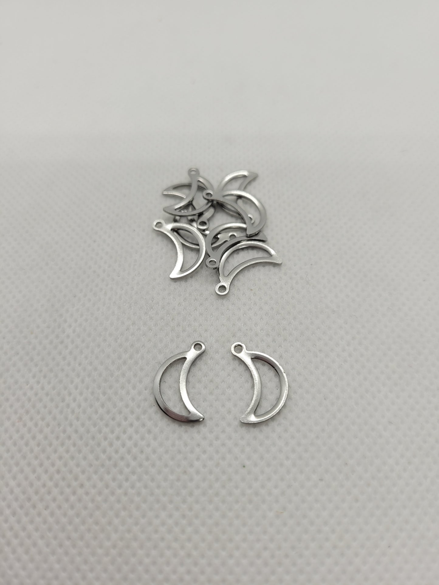 Small moon charms, 304 Stainless Steel, 10 pcs, Open Pendants, Moon, Stainless Steel Color, 15x9x0.8mm, Hole: 1.2mm