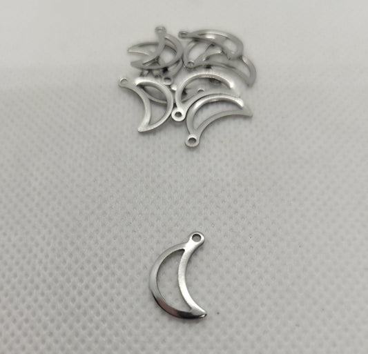 Small moon charms, 304 Stainless Steel, 10 pcs, Open Pendants, Moon, Stainless Steel Color, 15x9x0.8mm, Hole: 1.2mm