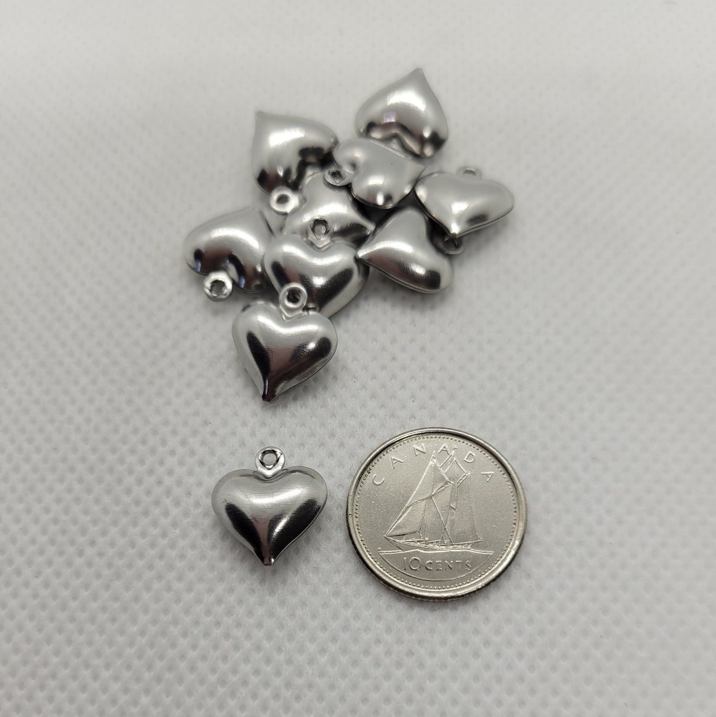 10 pcs Heart Charms, 304 Stainless Steel, Silver, Hollow, 13x11.5x4.8mm, Hole 1.2mm