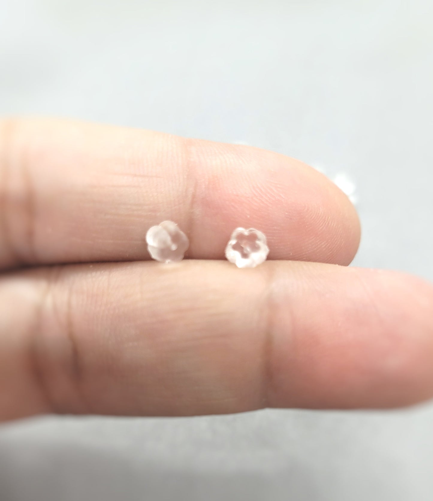 Silicone Earring Backs, Ear Nuts, Round or Flower shape, 100 pcs, Translucent White, Flexible Silicone, Hole 0.7mm, See sizes in description