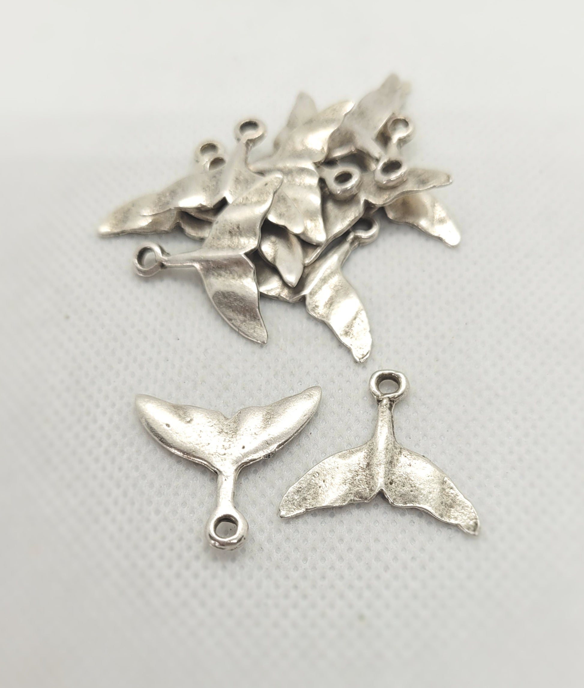 Silver Whale Tail Charm Mermaid Tail Pendant, Antiqued Pewter, Mykonos, priced per piece, 20x25mm, Hole 3mm, Lead Free