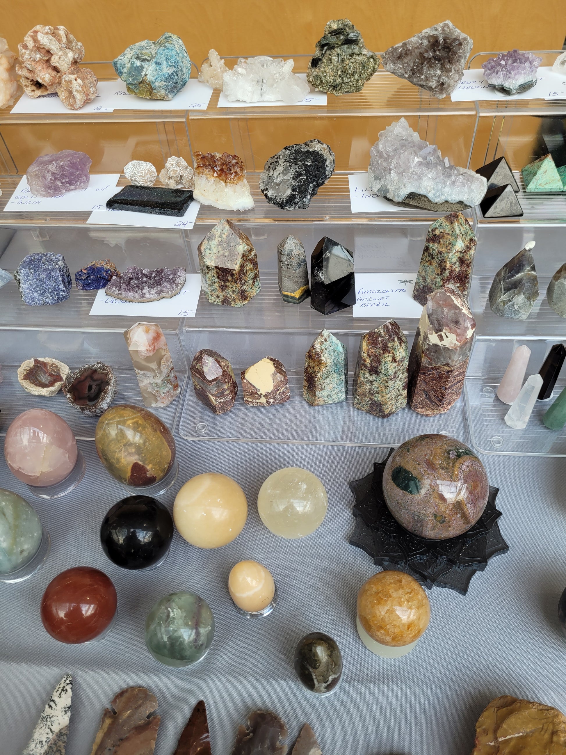 Collection of various crystals and minerals on display