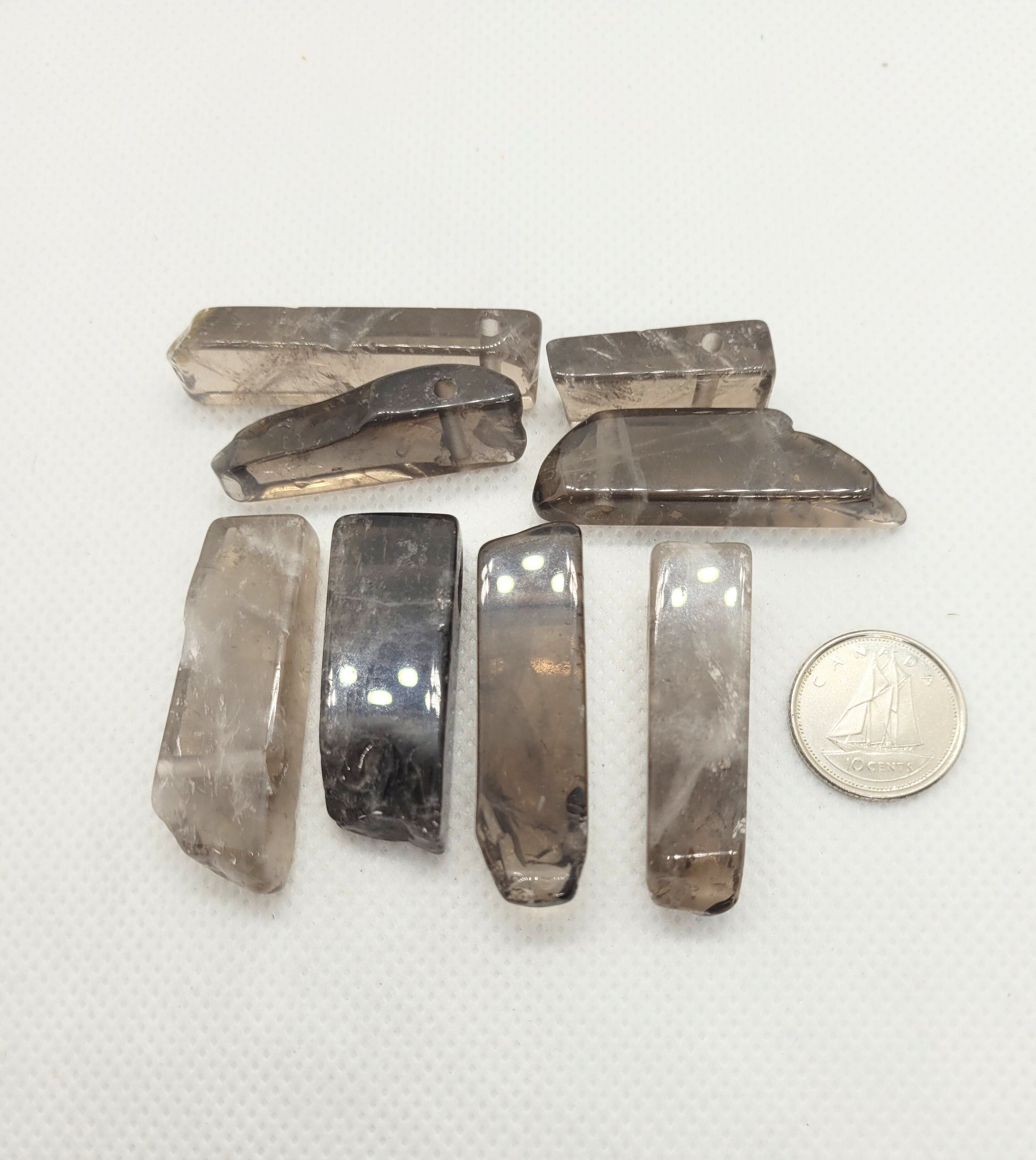Natural Smoky Quartz Points, Loose, Semi Polish, 4 pieces, Top Drilled, Not Strung, Rectangle, about 20~65x7~15x6~10mm, Hole: 2mm
