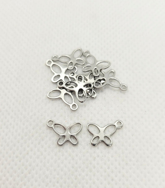 Silver Butterfly Charm 304 Stainless Steel, 10 pieces, Insect Charms, Butterfly Pendants, 11x9x1mm, Hole 1mm