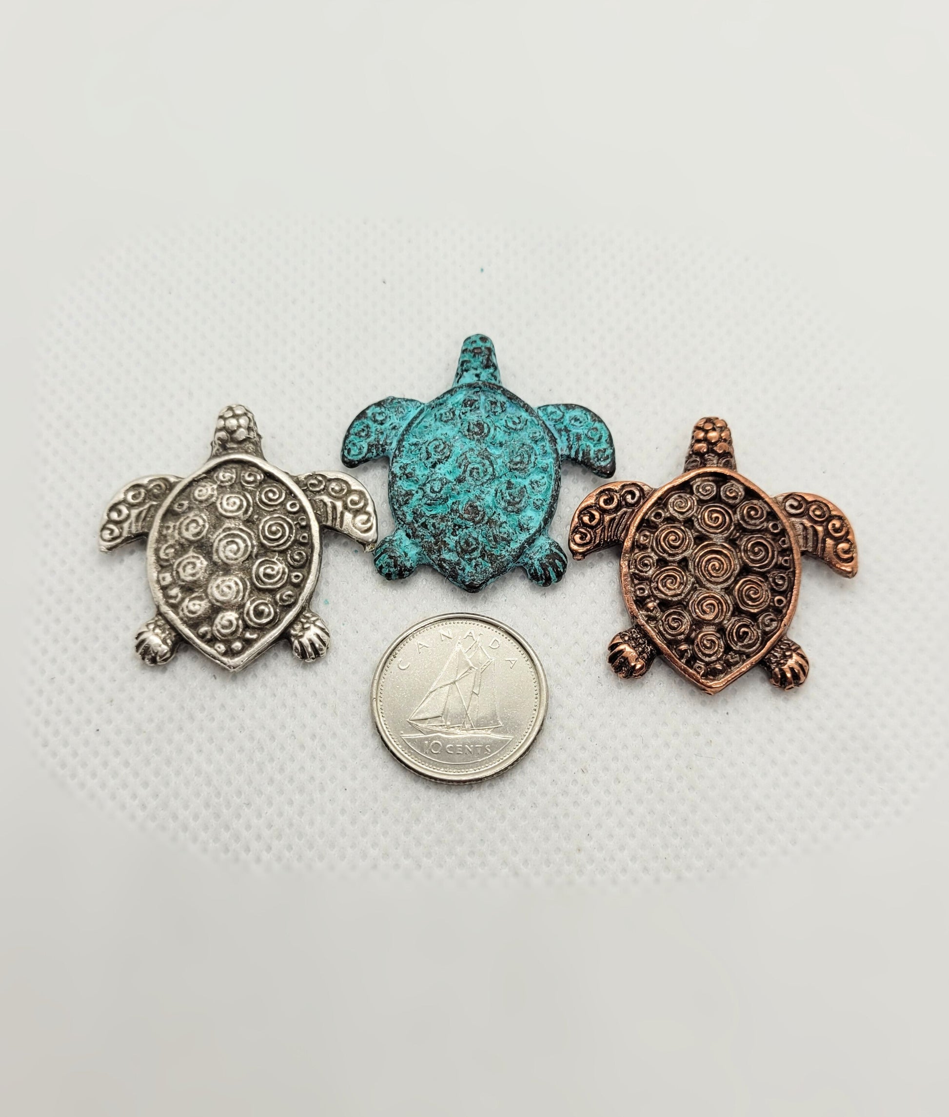 Sea Turtle Pendants by Mykonos in 3 colours, Silver, Bronze, Green Patina, Cast Pewter, Lead Free, 30x30mm, Hole 2mm, priced per piece