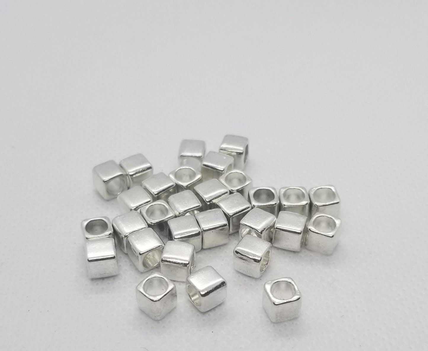 5 pieces Silver Cube Spacer Bead, Large Hole Bead, Lead, Nickel, Cadmium Free, Cube Shape, Silver Color Plated, 6x6x6mm, Hole 4mm