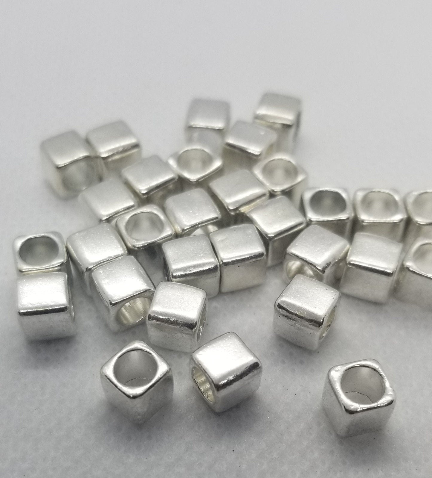 5 pieces Silver Cube Spacer Bead, Large Hole Bead, Lead, Nickel, Cadmium Free, Cube Shape, Silver Color Plated, 6x6x6mm, Hole 4mm