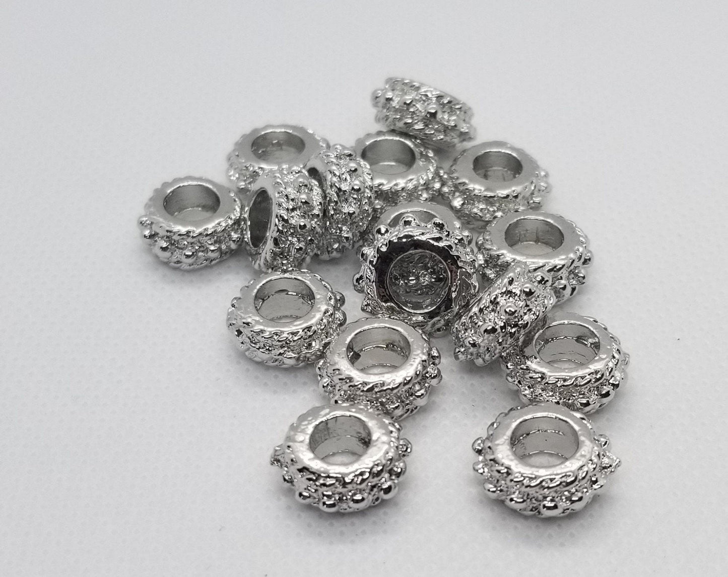 5 pieces Bright Silver Rondelle, European Alloy Donut Bead, Platinum Colour, Size: about 13mm in diameter, 7mm thick, large hole 6mm