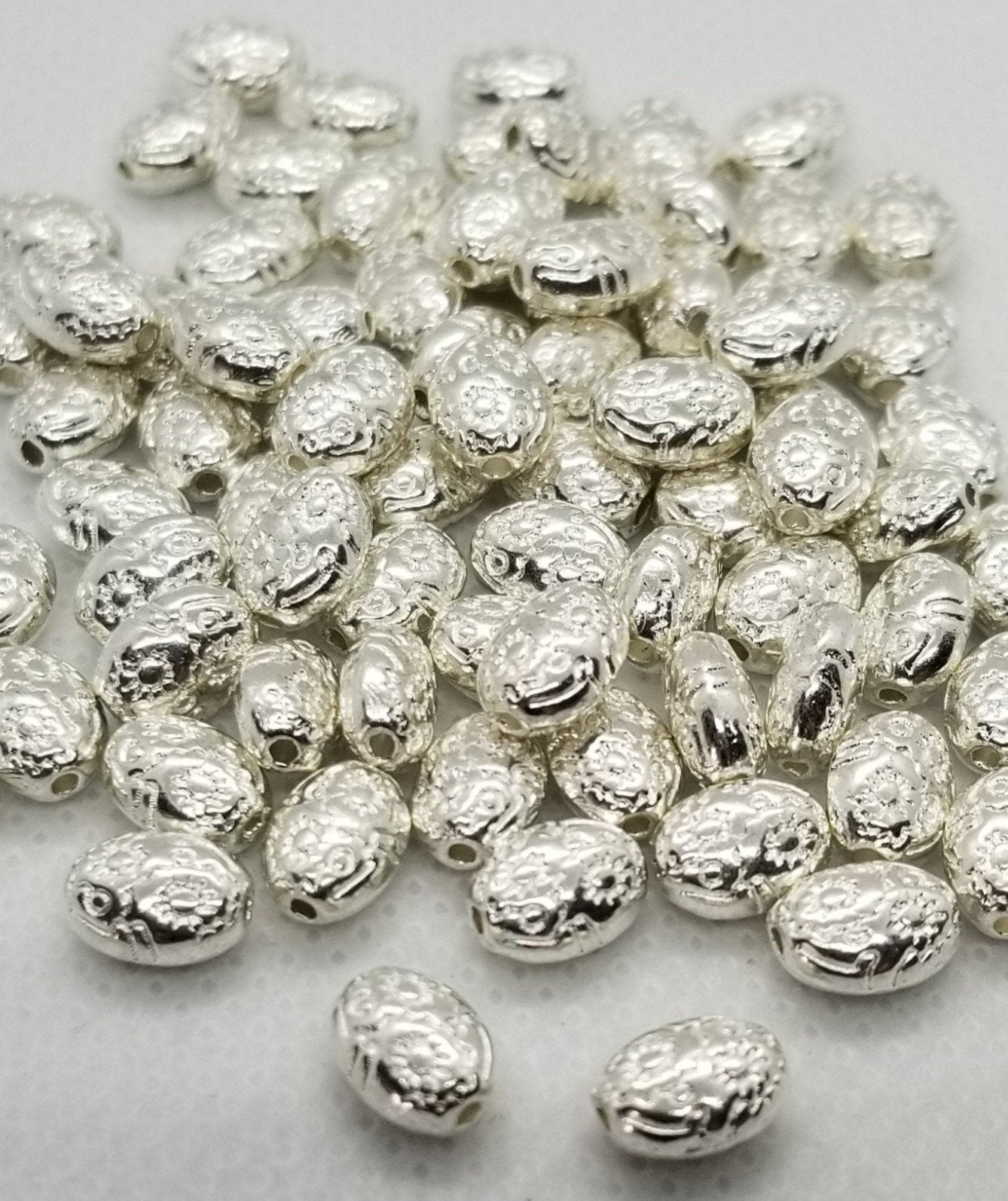 10 pieces Bright Silver Oval Spacer Bead, Stamped Flowers, Tibetan Style Alloy, Lead, Cadmium Free, Silver Color Plated, 8x6x4mm, hole 1mm
