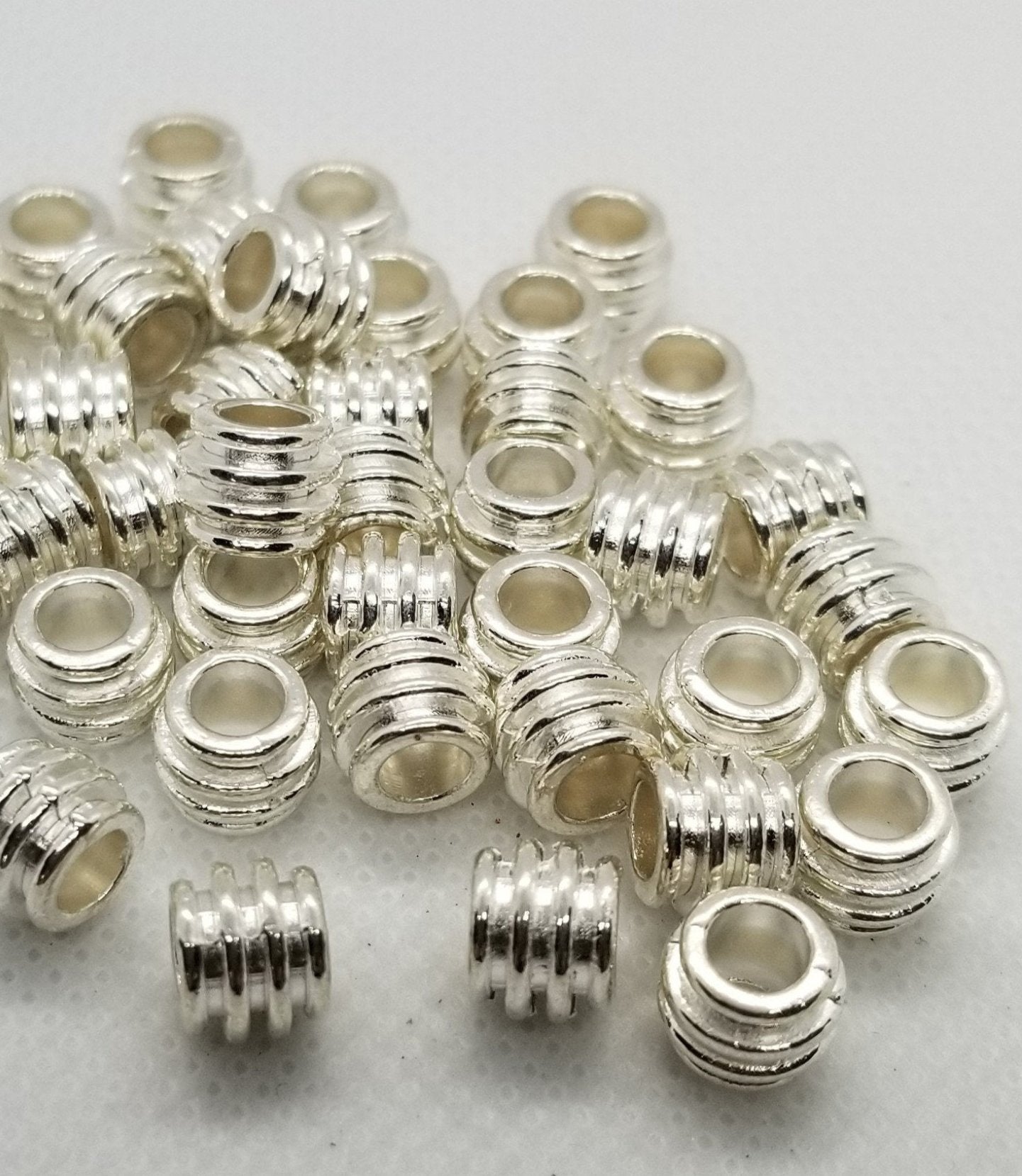 10 pieces Bright Silver Ribbed Barrel Spacer Beads, Tibetan Style Alloy, Lead, Cadmium Free, 8x6mm, Large hole 4mm