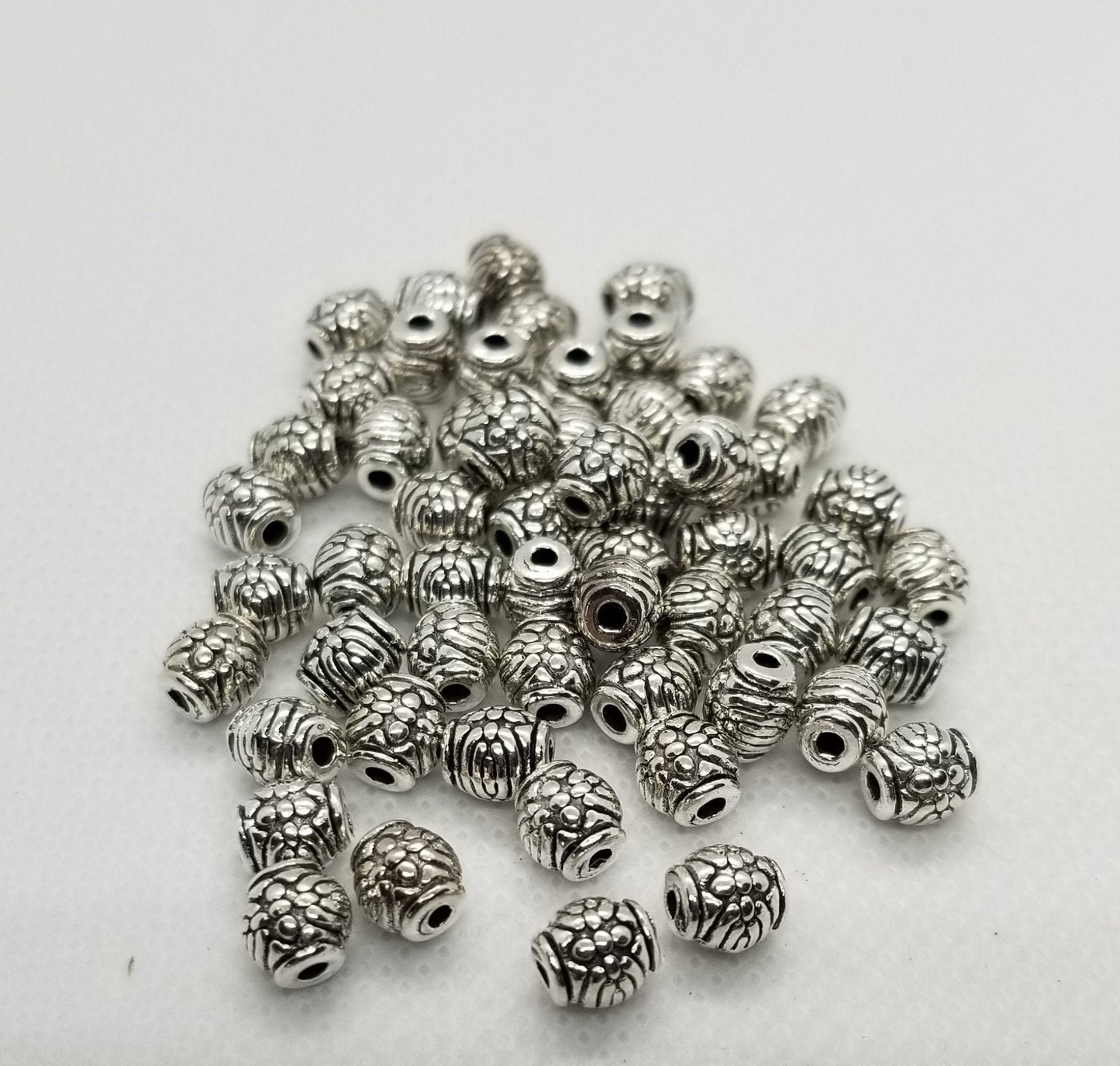 10 pcs Silver Drum Spacer Bead, Tibetan Style Alloy, Turtle Shell pattern, Barrel shape, Antique Silver, Lead, Cadmium Free, 6x6mm hole 2mm