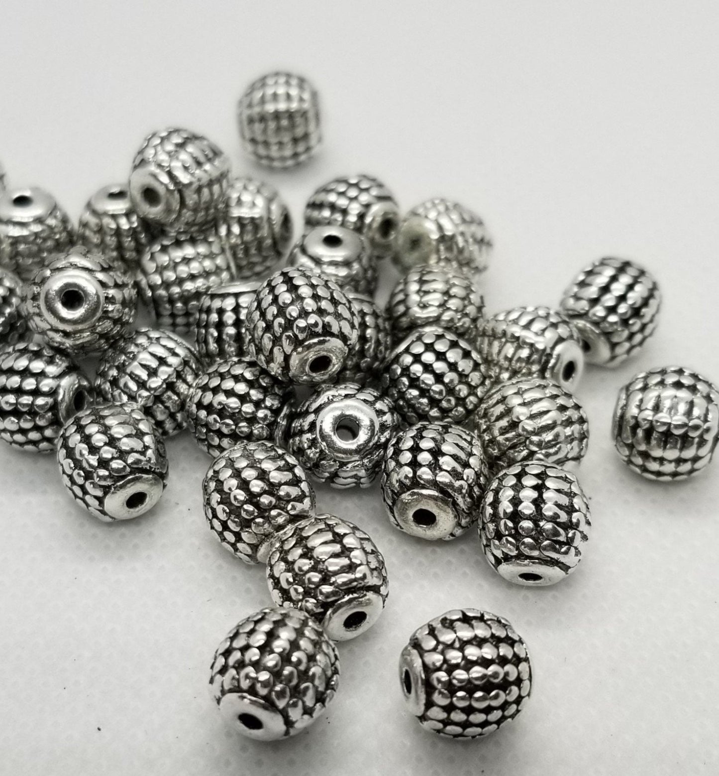 10 pieces Silver Barrel Spacers, Tibetan Style Alloy, Lead, Cadmium, Nickel Free, Round, Checked, Antique Silver, 9mm diameter, hole 2mm