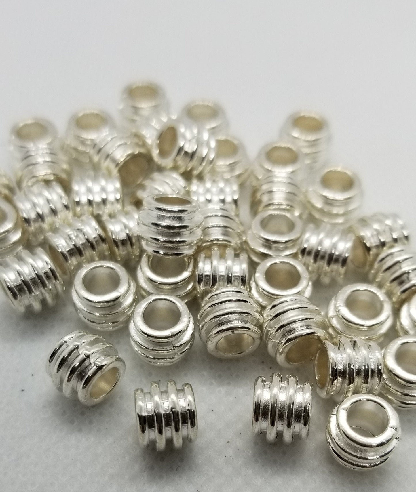 10 pieces Bright Silver Ribbed Barrel Spacer Beads, Tibetan Style Alloy, Lead, Cadmium Free, 8x6mm, Large hole 4mm