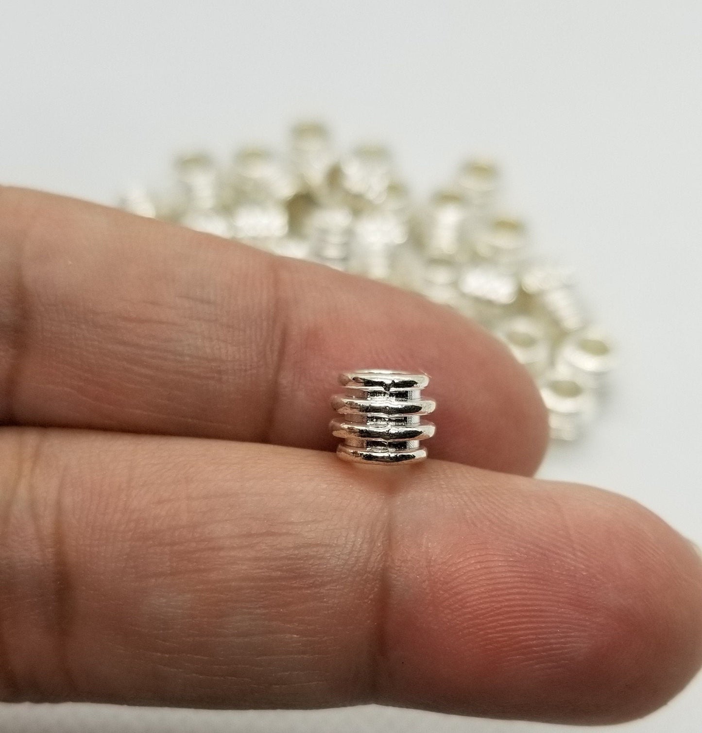 10 pieces Bright Silver Ribbed Barrel Spacer Beads, Tibetan Style Alloy, Lead, Cadmium Free, 8x6mm, Large hole 4mm
