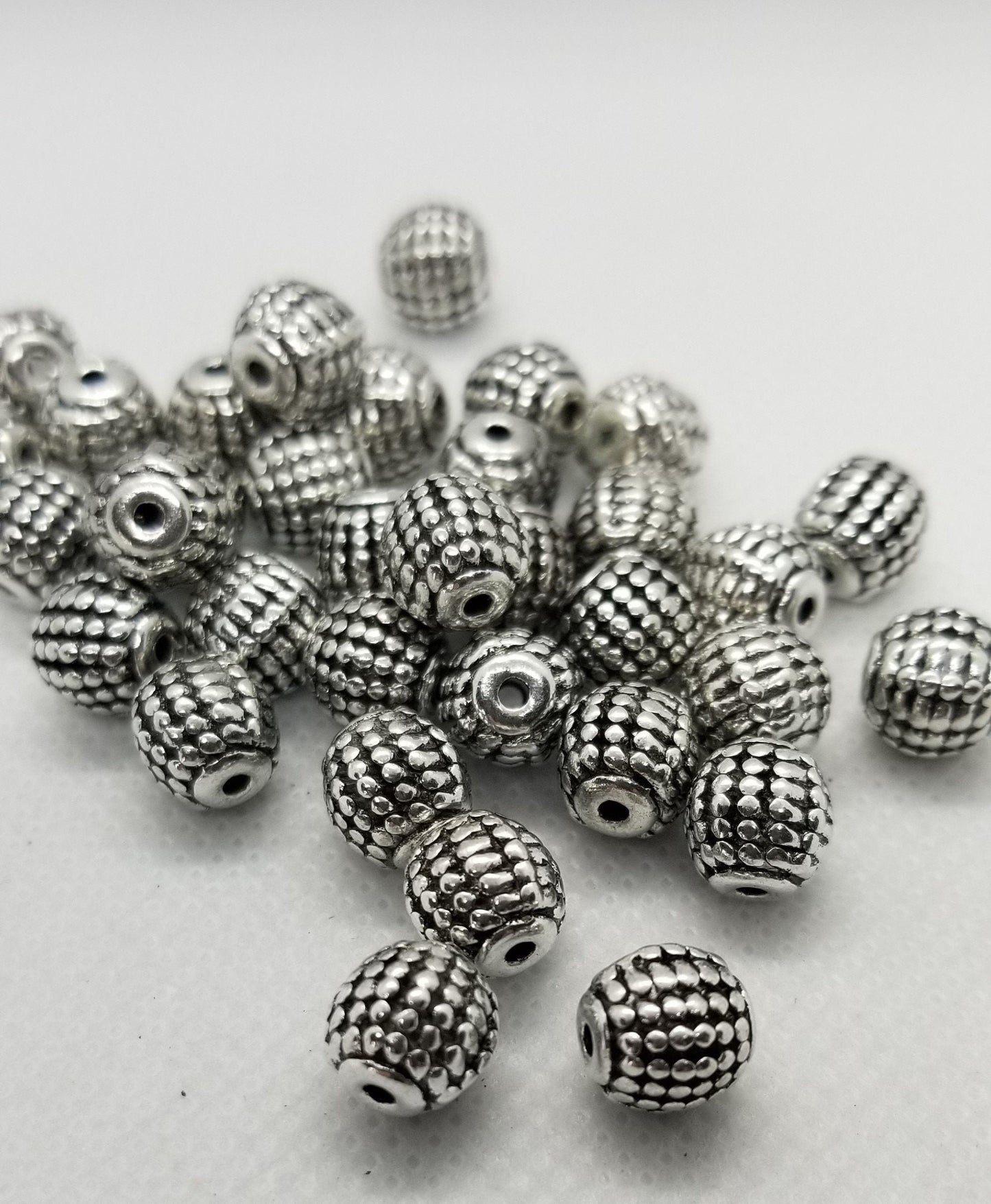 10 pieces Silver Barrel Spacers, Tibetan Style Alloy, Lead, Cadmium, Nickel Free, Round, Checked, Antique Silver, 9mm diameter, hole 2mm
