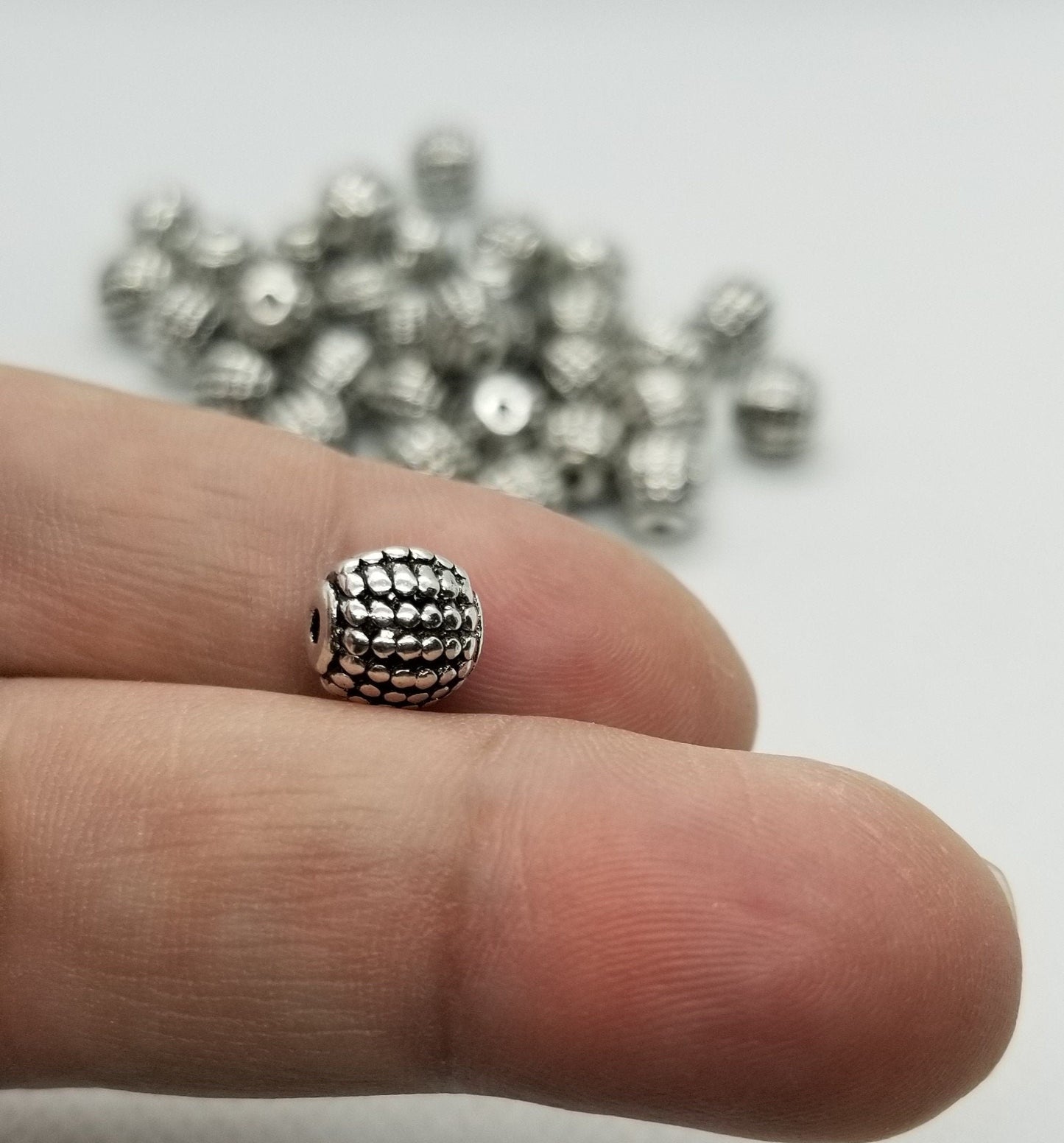 10 pieces Silver Barrel Spacers, Tibetan Style Alloy, Lead, Cadmium, Nickel Free, Round, Checked, Antique Silver, 9mm diameter, hole 2mm