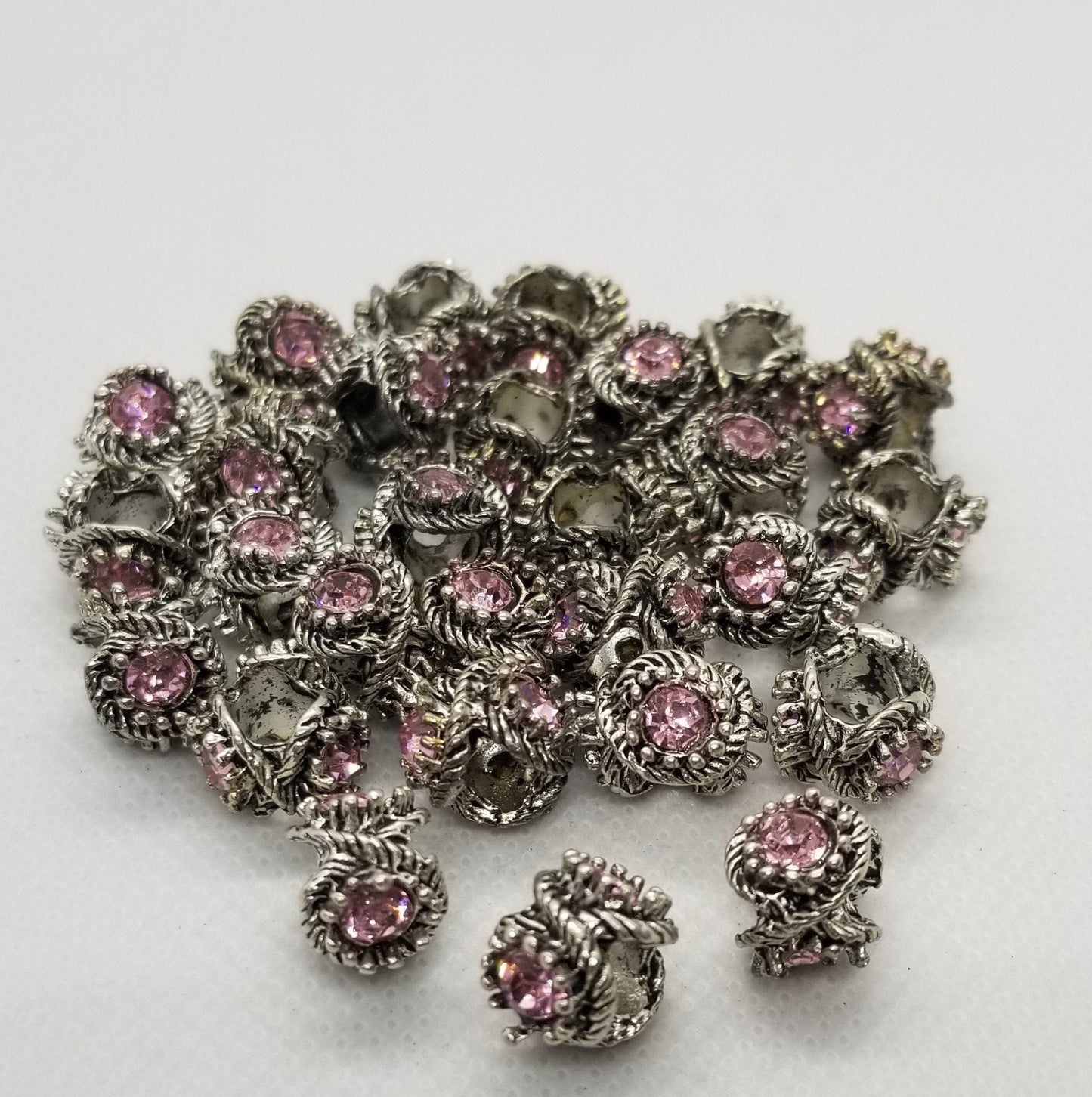 2 pieces Unique Silver and Large Pink Rhinestone Spacer, 3 sided, Large Hole Bead, 3 Glass Rhinestones, 13x9.5mm, Hole 5mm, Hair Jewelry
