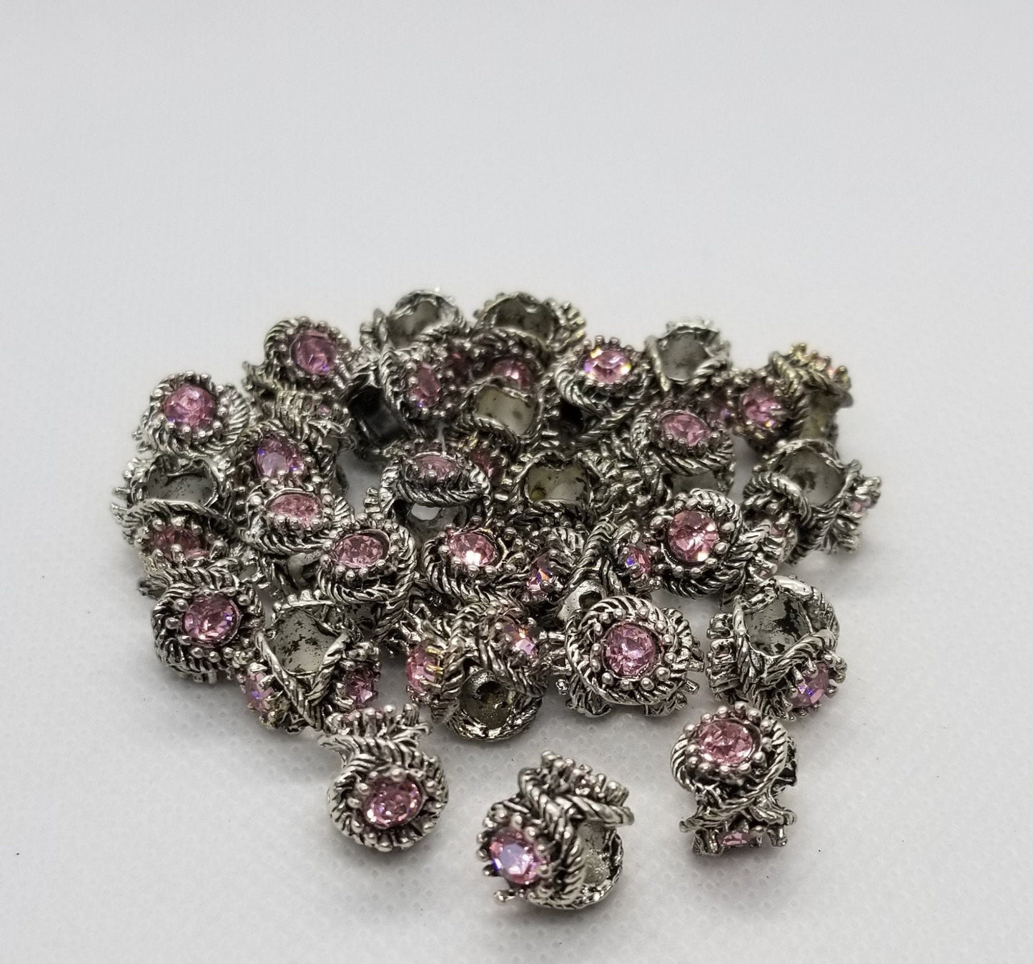 2 pieces Unique Silver and Large Pink Rhinestone Spacer, 3 sided, Large Hole Bead, 3 Glass Rhinestones, 13x9.5mm, Hole 5mm, Hair Jewelry
