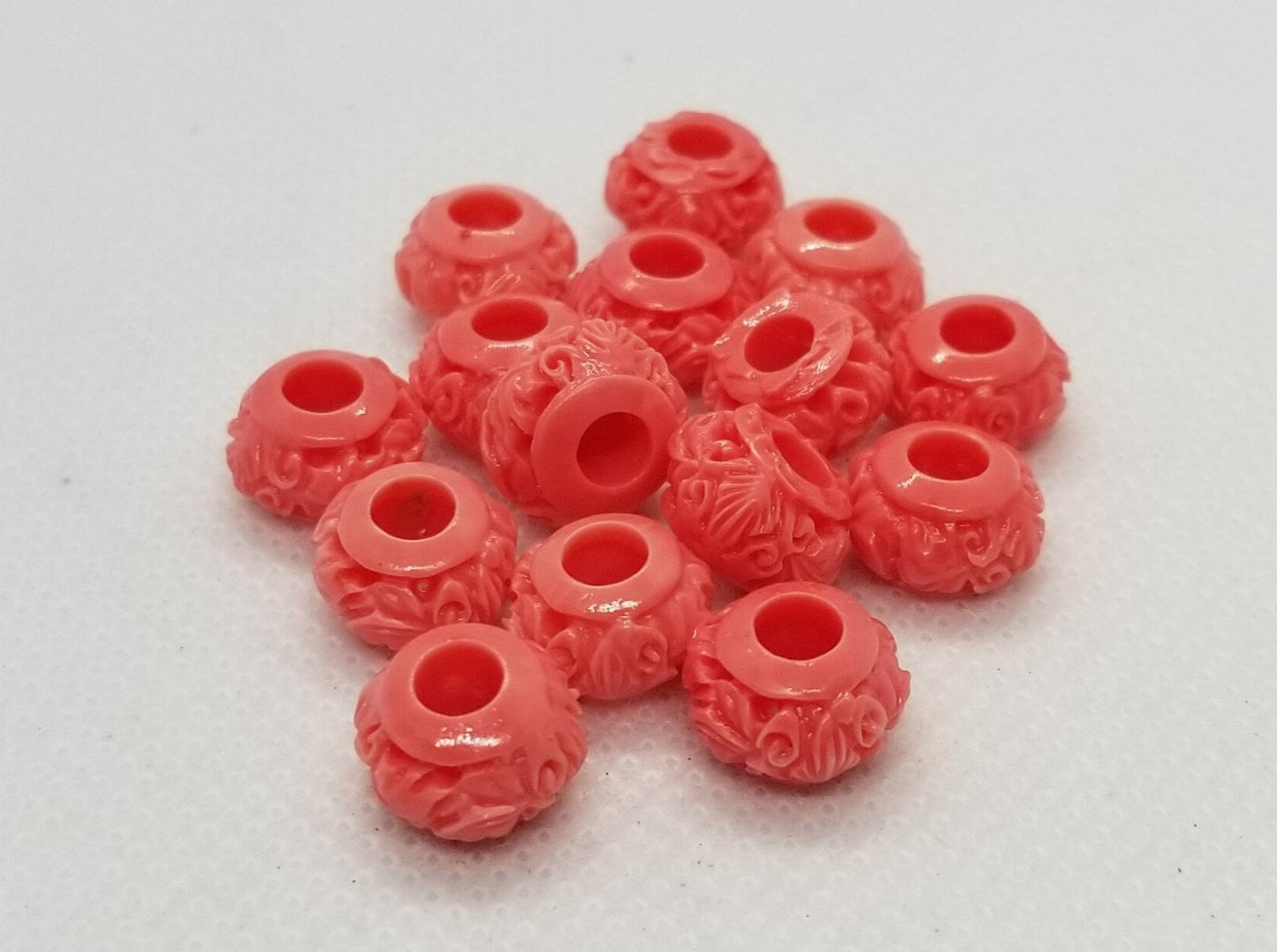 2 pieces Carved Coral Bead, Large Hole Beads, Dyed, Leaf Vine Pattern, Carved Rondelle, Synthetic, 11x7mm, Hole 4mm CLEARANCE