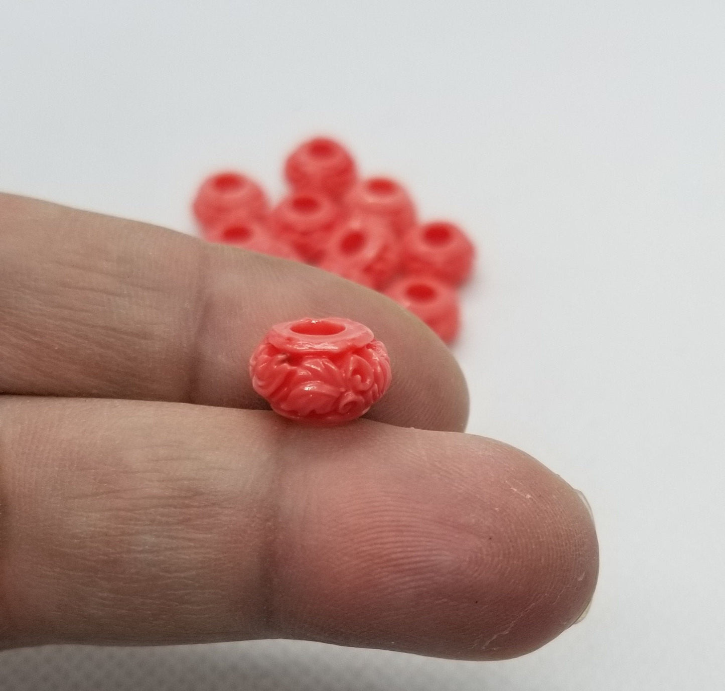 2 pieces Carved Coral Bead, Large Hole Beads, Dyed, Leaf Vine Pattern, Carved Rondelle, Synthetic, 11x7mm, Hole 4mm CLEARANCE
