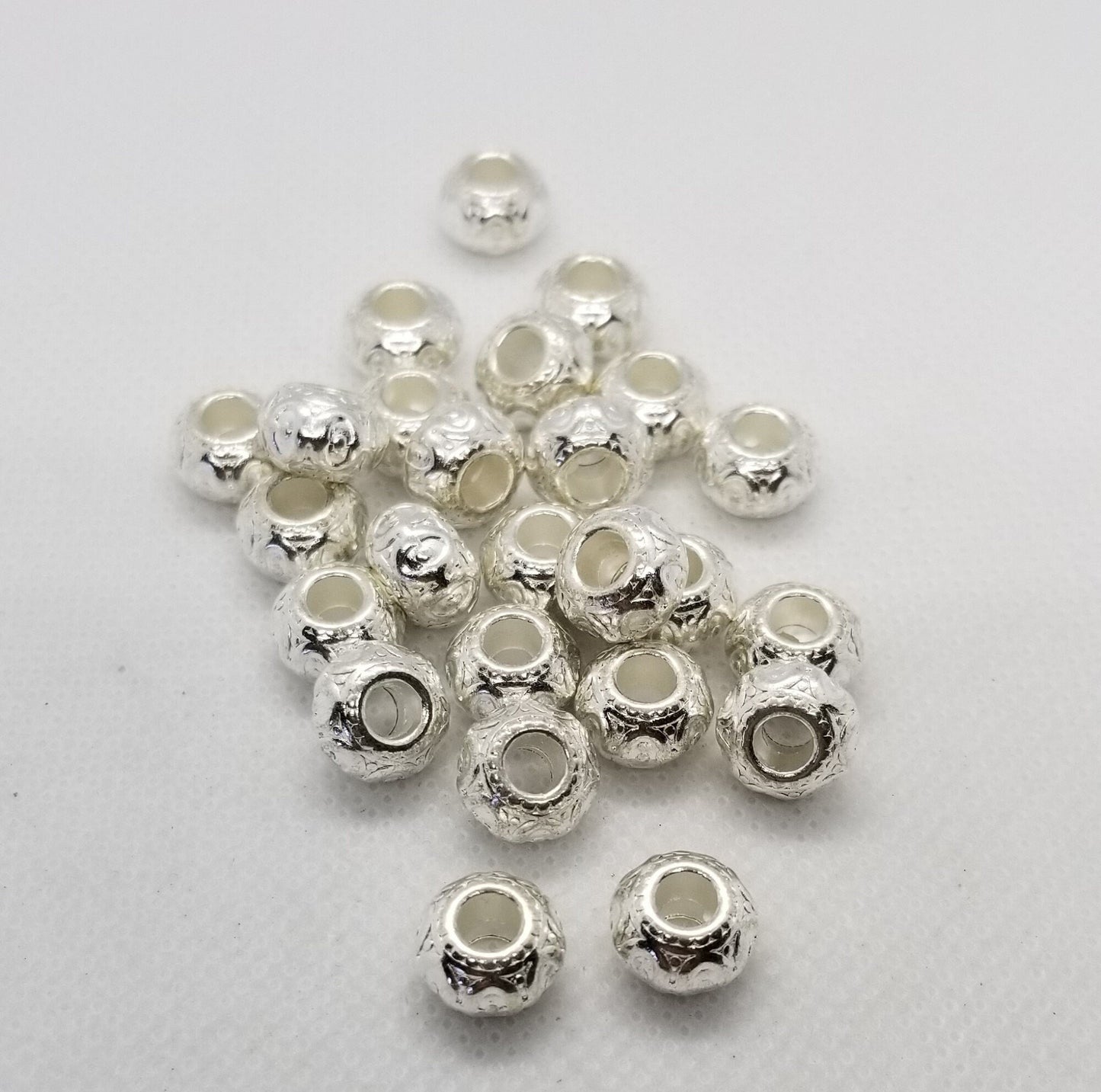 5 pieces Silver Rondelle, Stamped Pattern, Brass Alloy, Cadmium, Lead Free, Silver Color Plated, 10x7mm, Large Hole 3mm