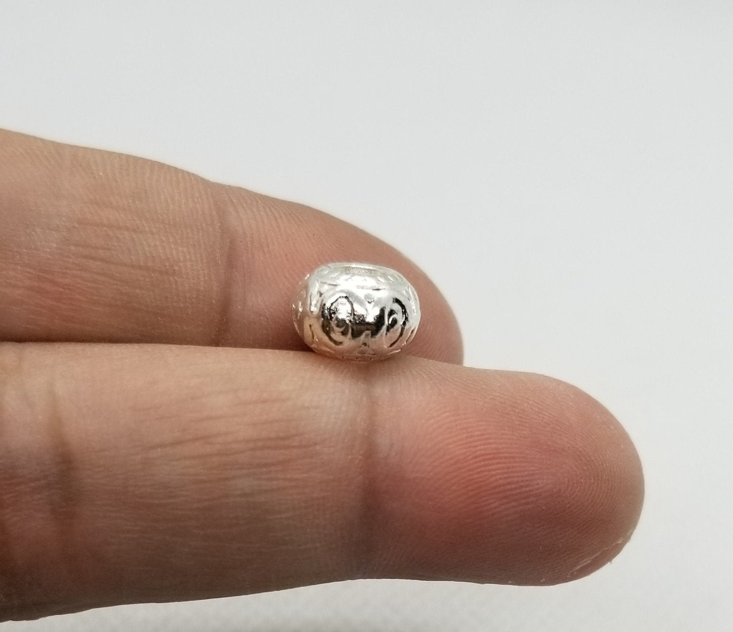 5 pieces Silver Rondelle, Stamped Pattern, Brass Alloy, Cadmium, Lead Free, Silver Color Plated, 10x7mm, Large Hole 3mm